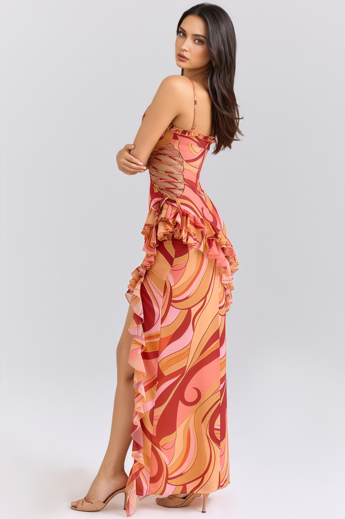Kyarn Ruffle High Slit Ruched Print Maxi Dress 