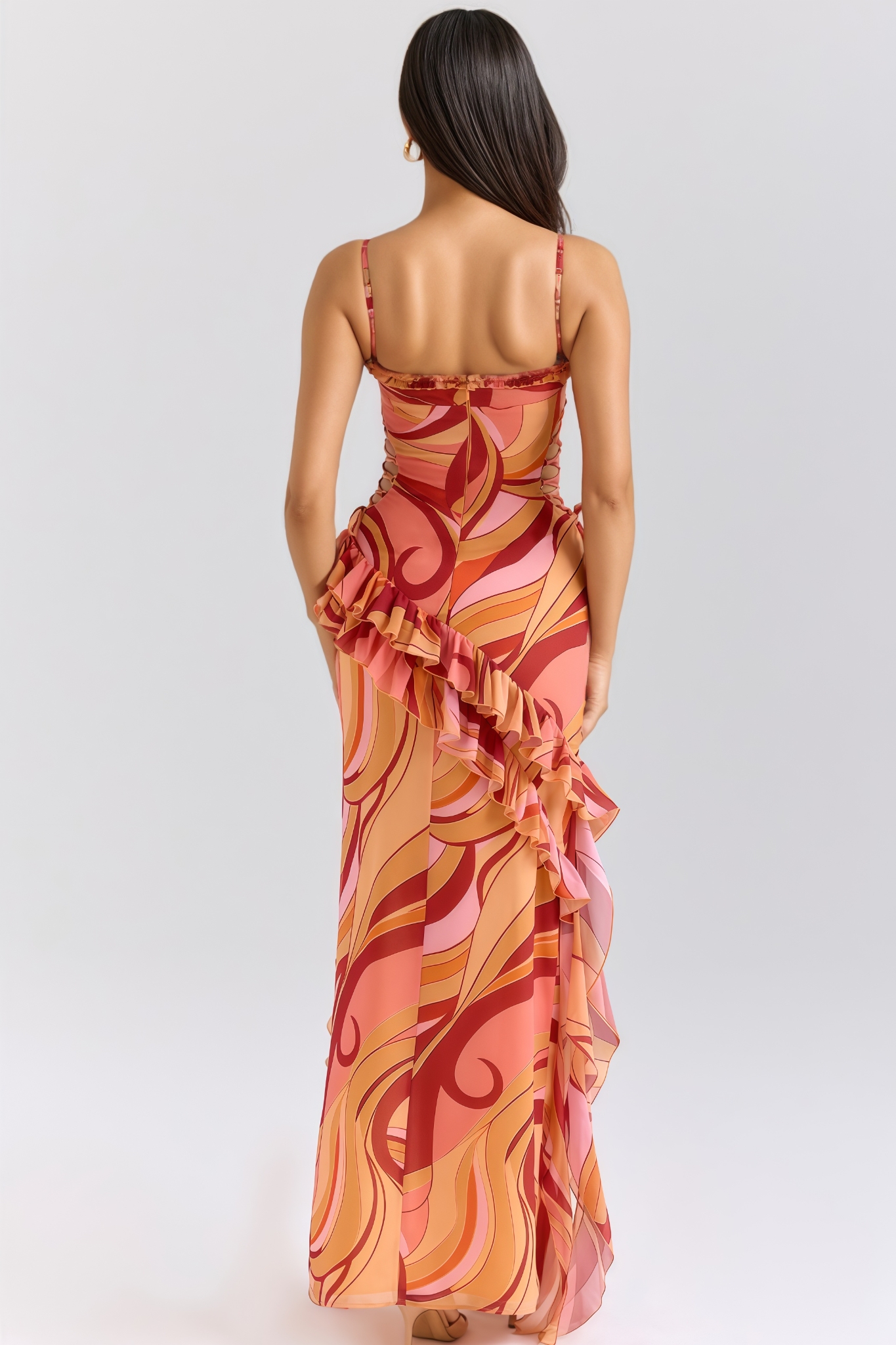 Kyarn Ruffle High Slit Ruched Print Maxi Dress 