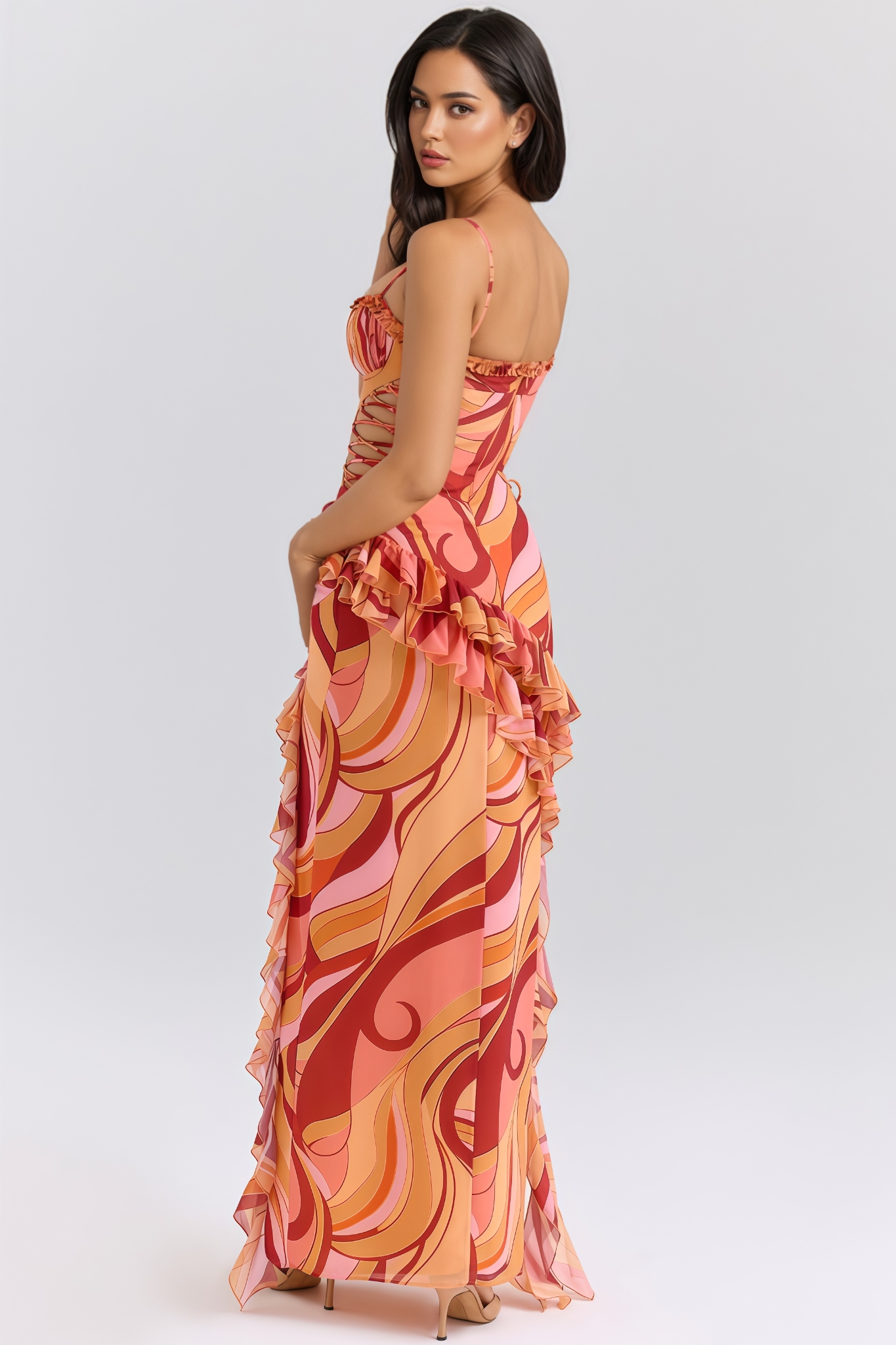 Kyarn Ruffle High Slit Ruched Print Maxi Dress 