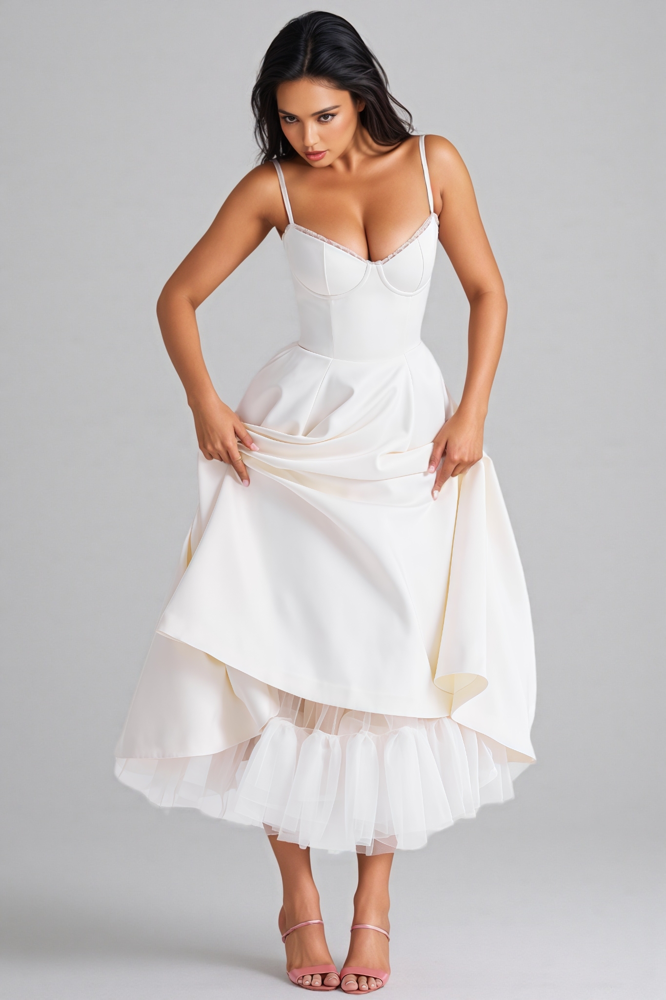 Brisel White Sleeveless Tulle Midi Dress