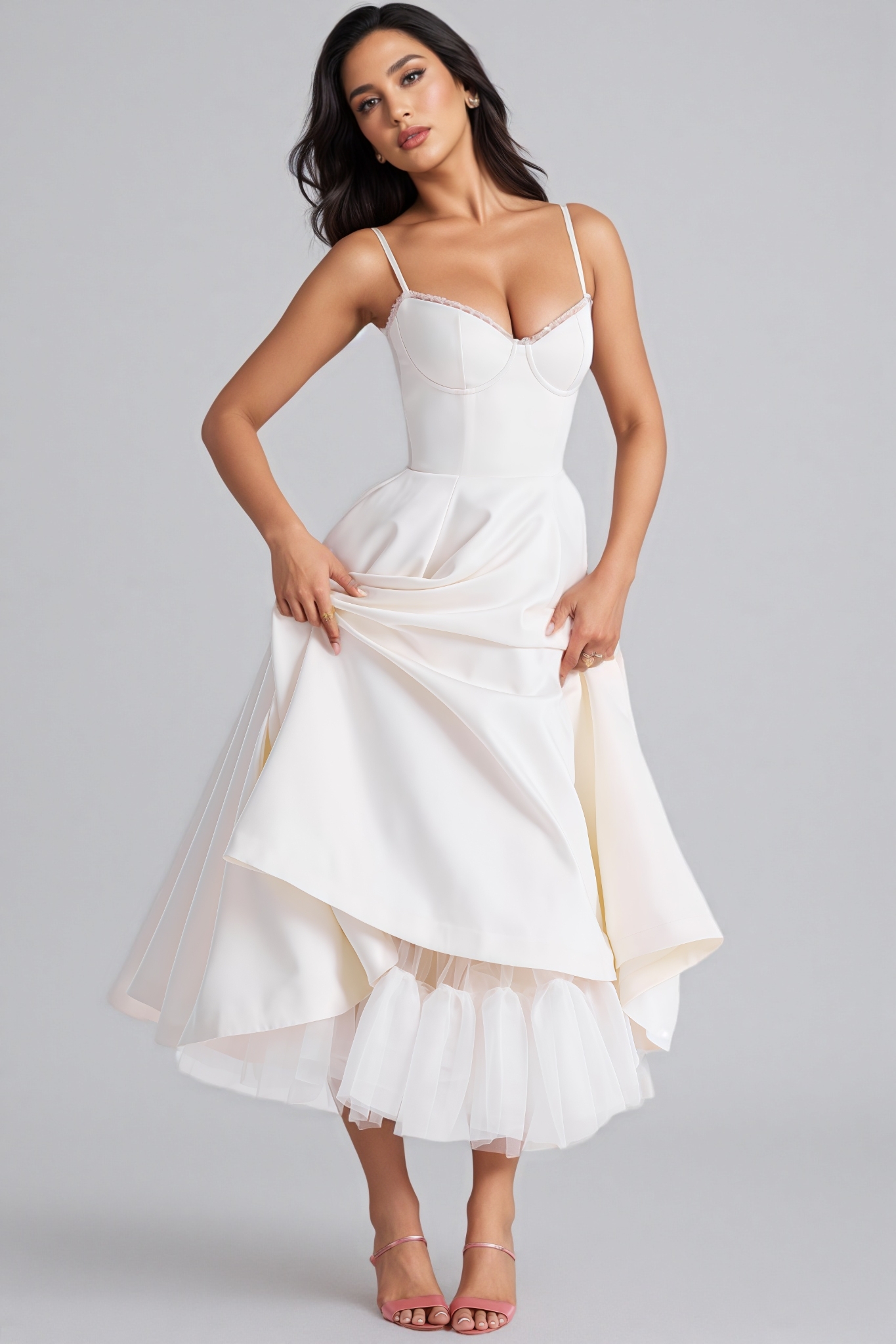 Brisel White Sleeveless Tulle Midi Dress