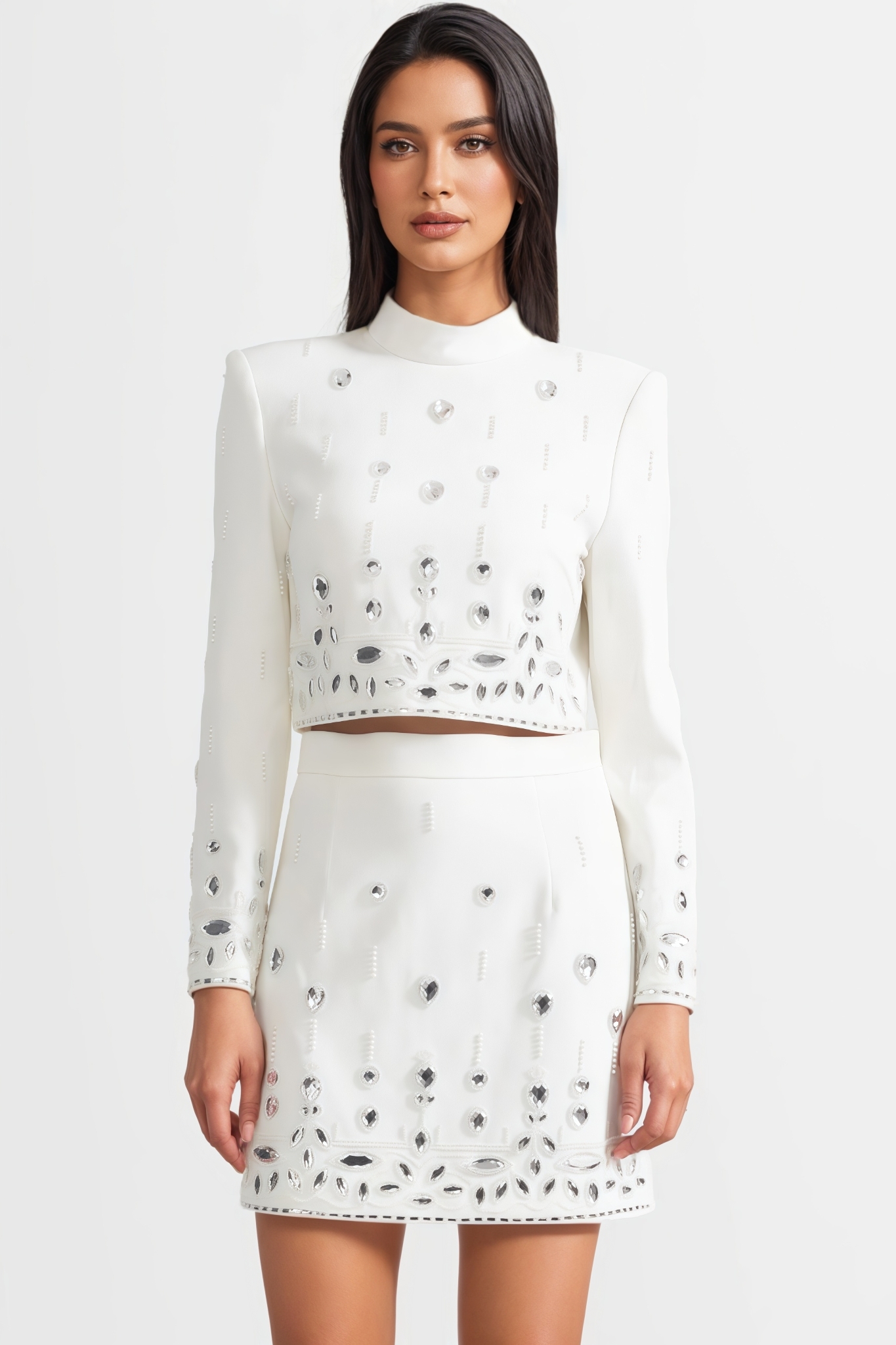 Luronlt White Diamond Embellished Mini Dress Set