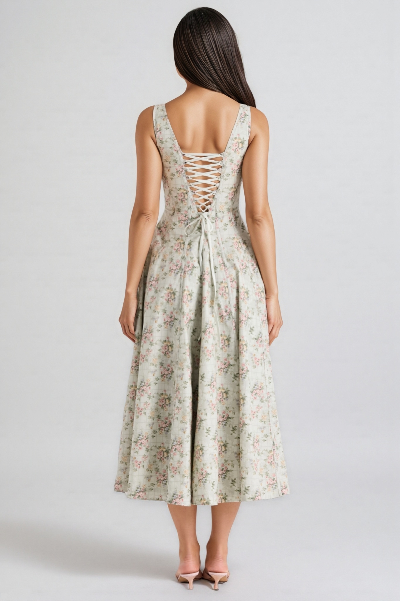 Yaralt Sage Floral Print Cotton Midi Dress