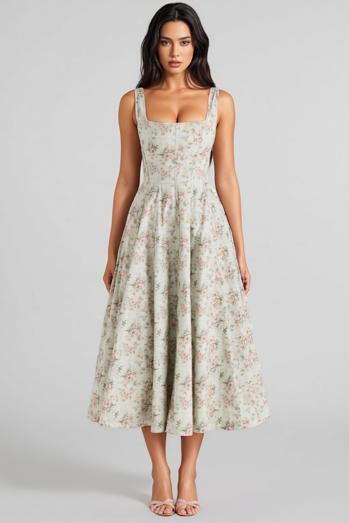 Yaralt Sage Floral Print Cotton Midi Dress