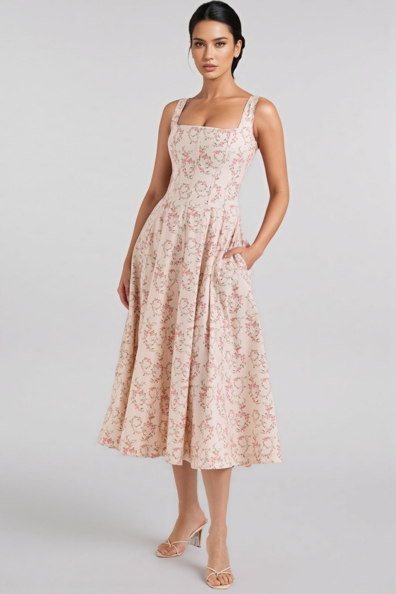 Valely Floral Print Cotton Midi Dress