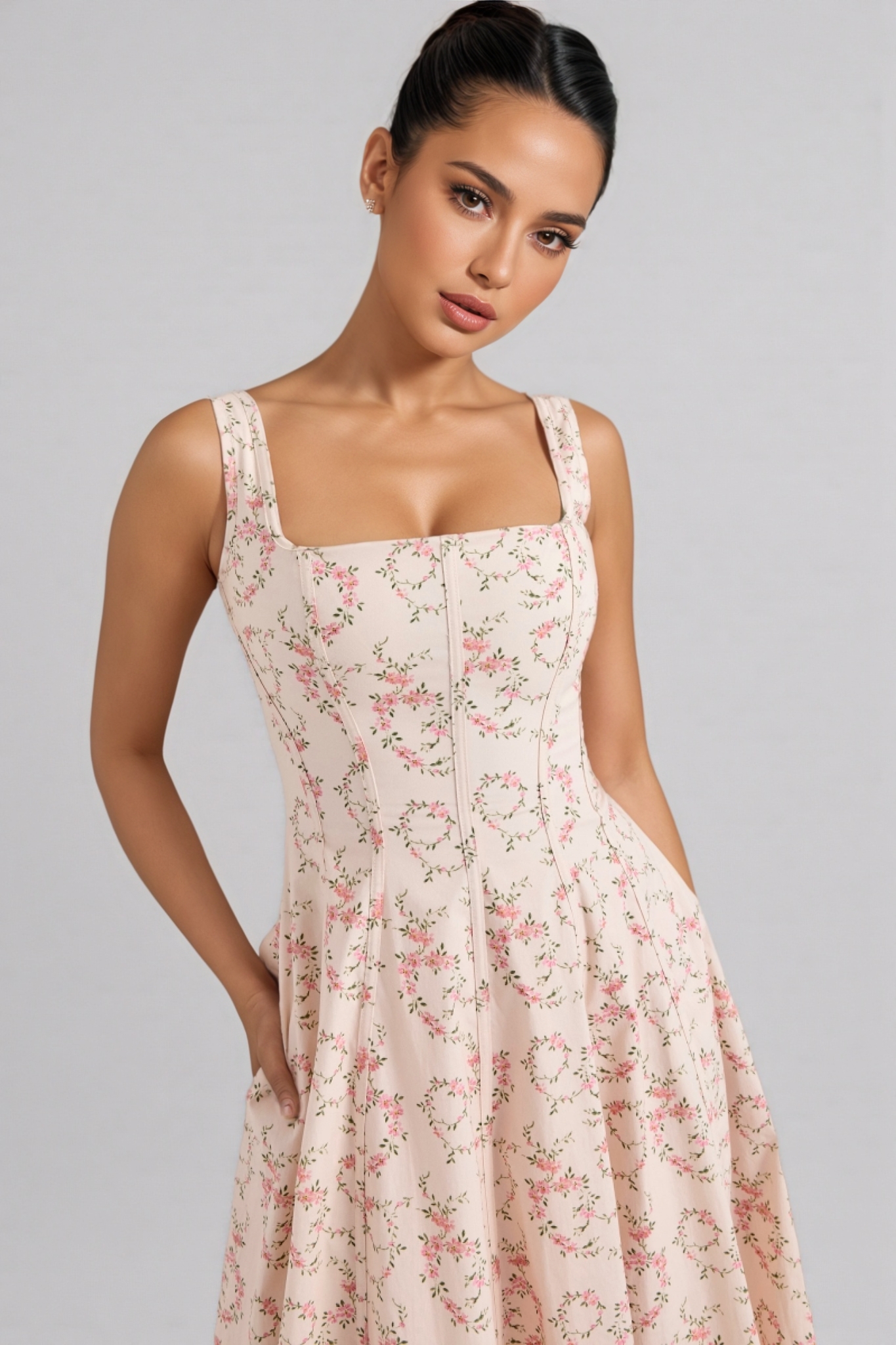 Valely Floral Print Cotton Midi Dress
