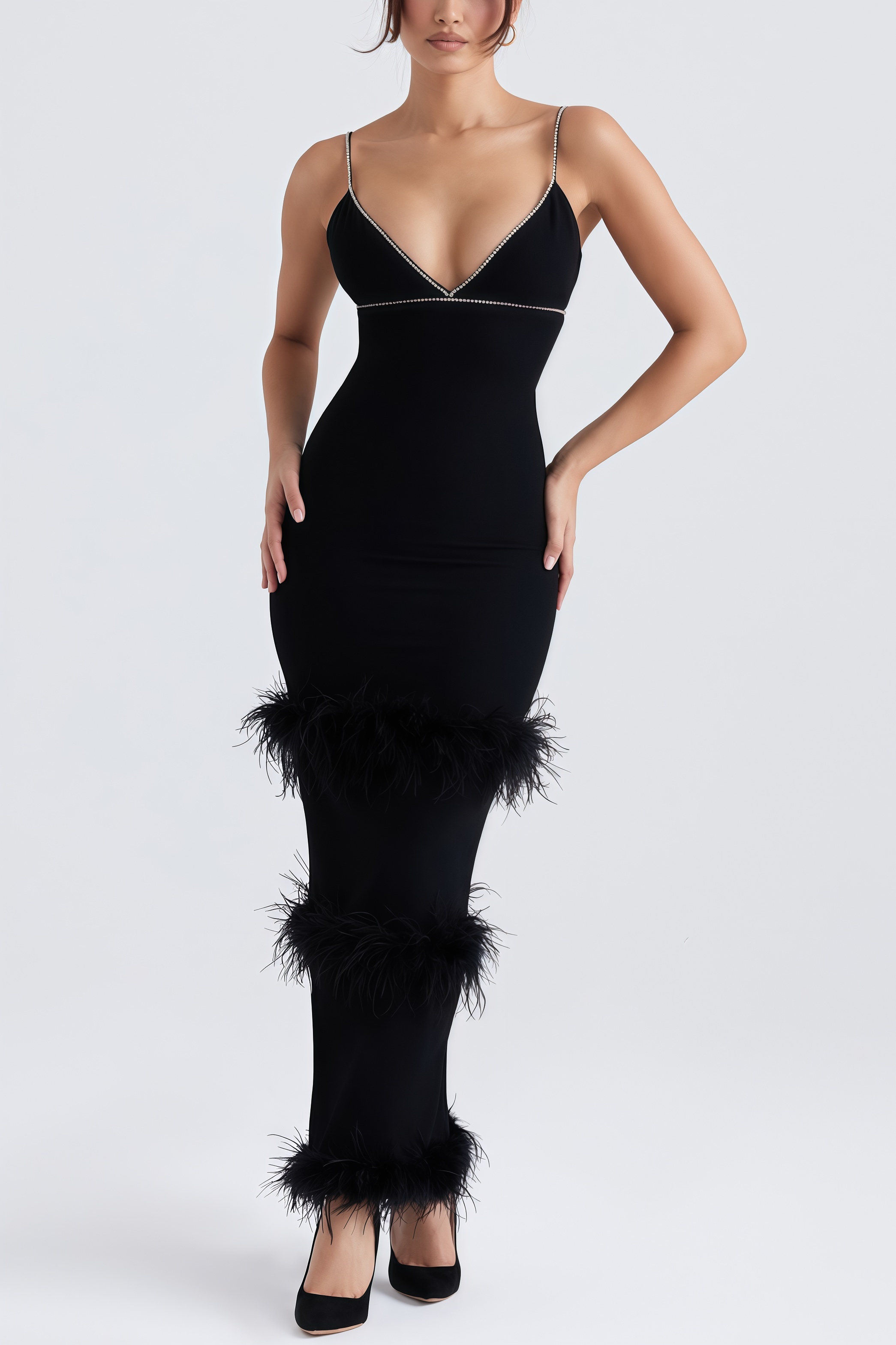 Minma Fringed Feather Halter Maxi Dress