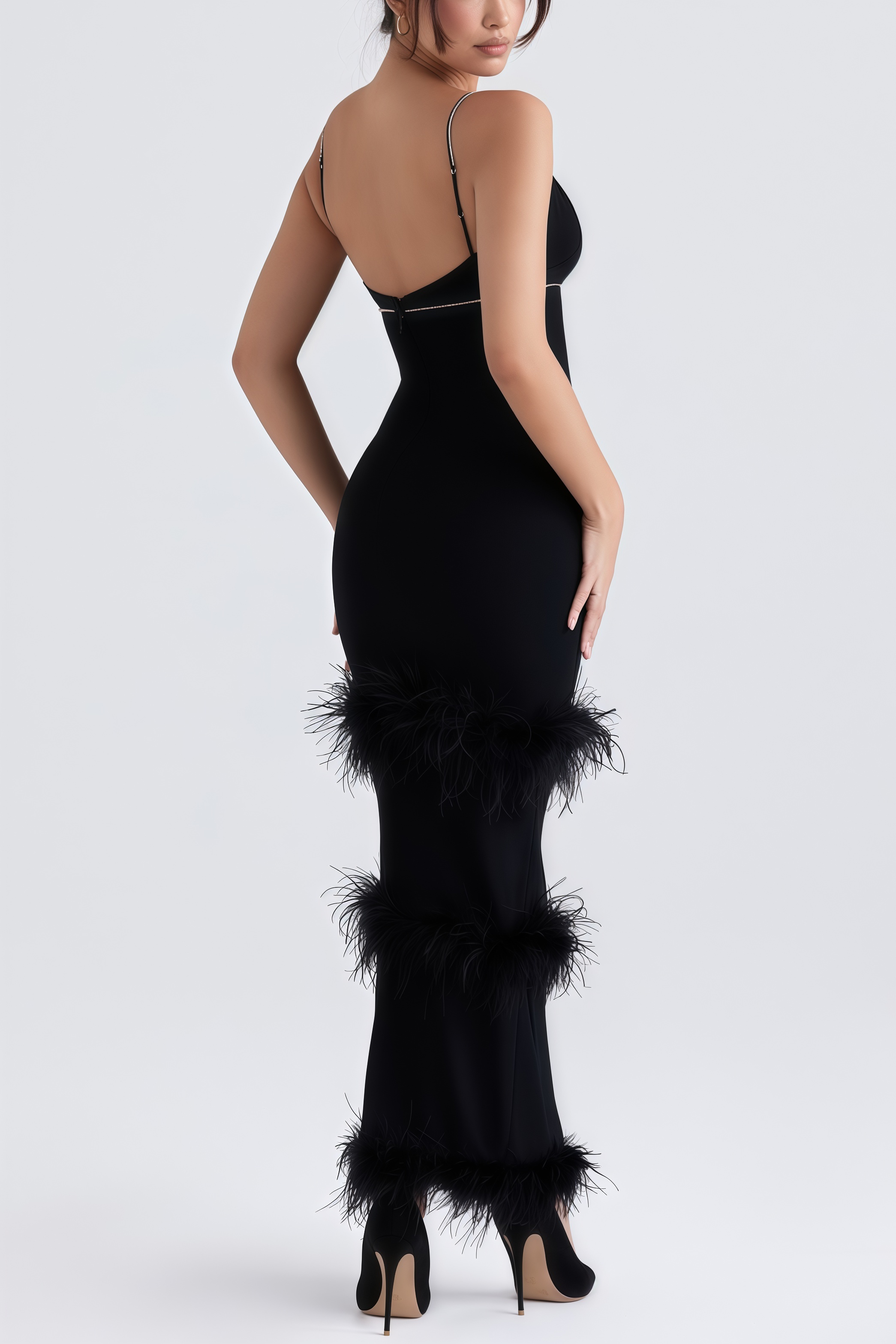 Minma Fringed Feather Halter Maxi Dress