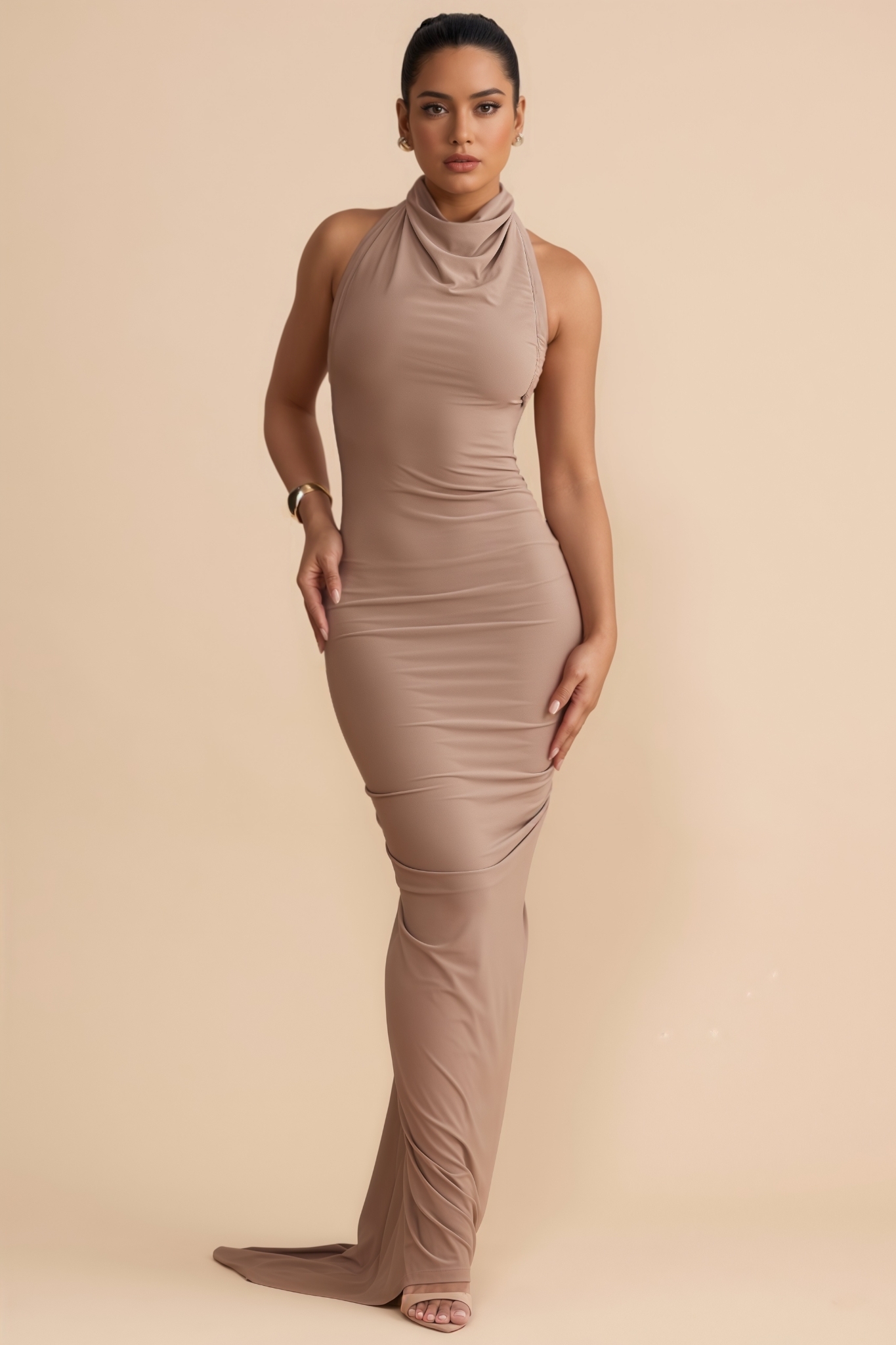 Lilran Khaki Sleeveless Backless Maxi Dress