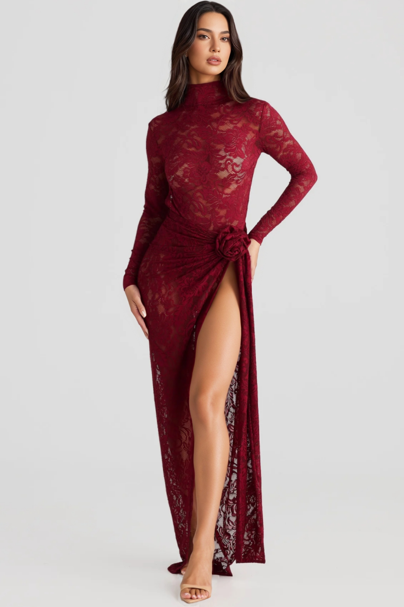 Hiros Red Lace Backless Bodysuit Maxi Dress Set