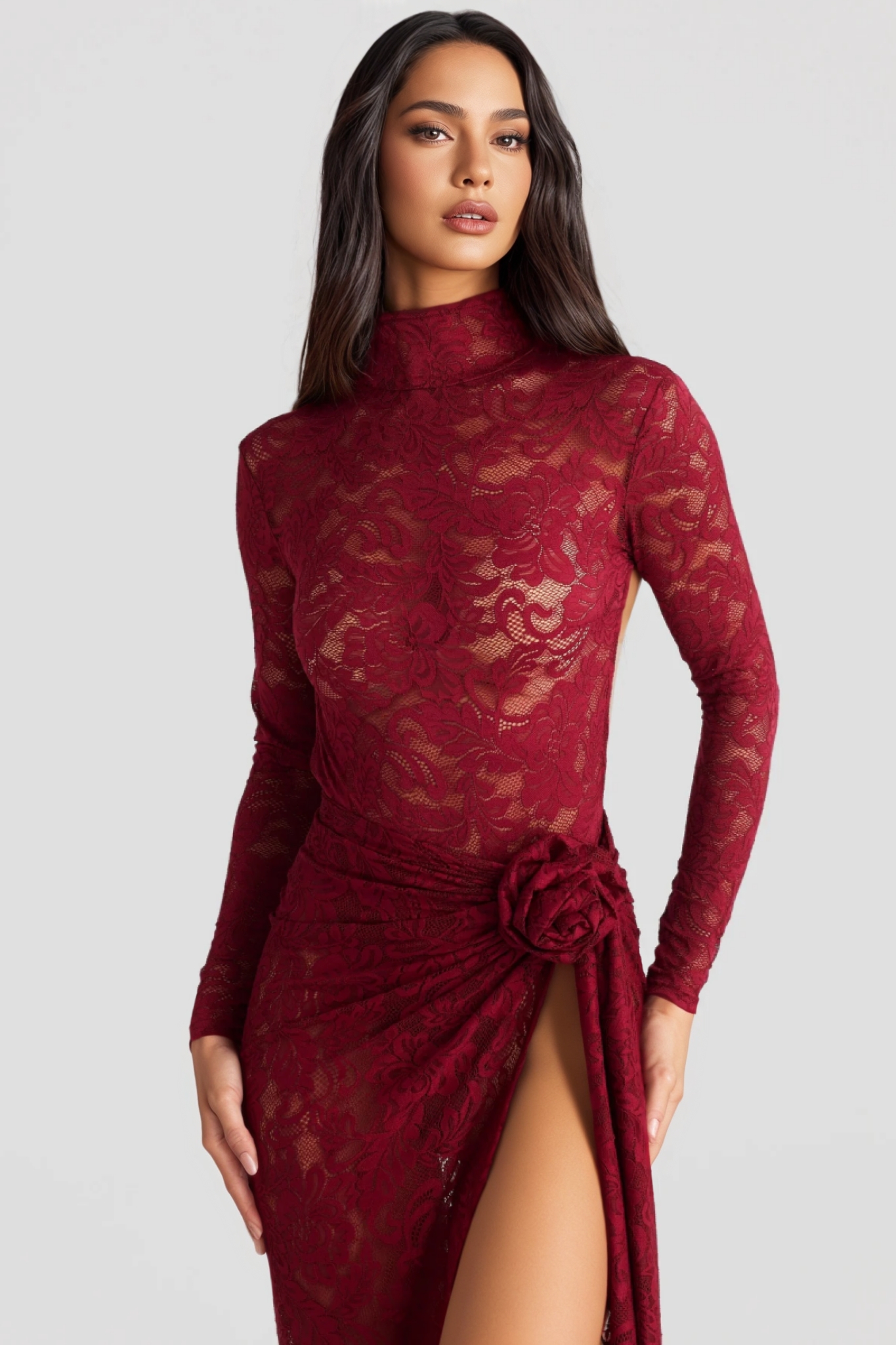 Hiros Red Lace Backless Bodysuit Maxi Dress Set