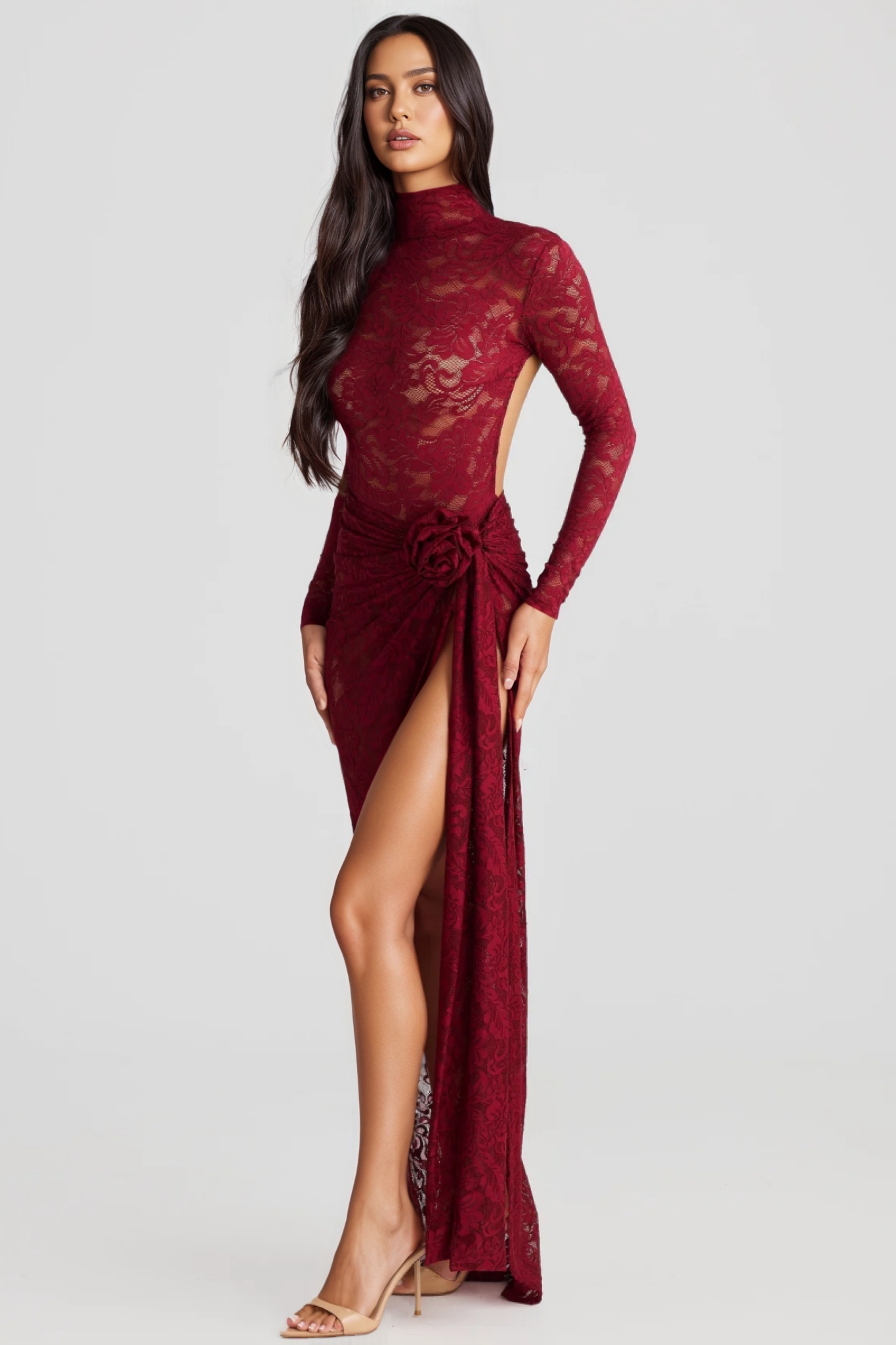 Hiros Red Lace Backless Bodysuit Maxi Dress Set