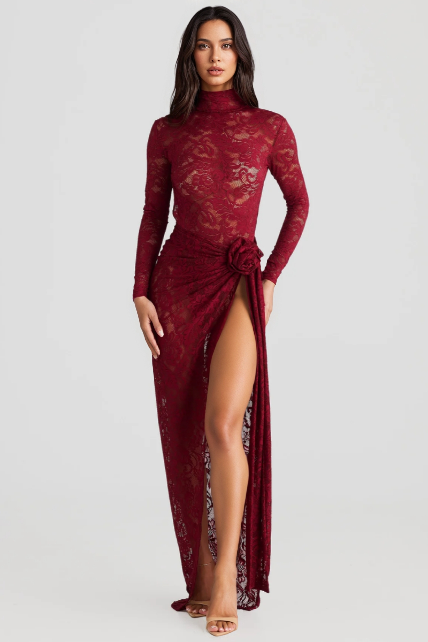 Hiros Red Lace Backless Bodysuit Maxi Dress Set