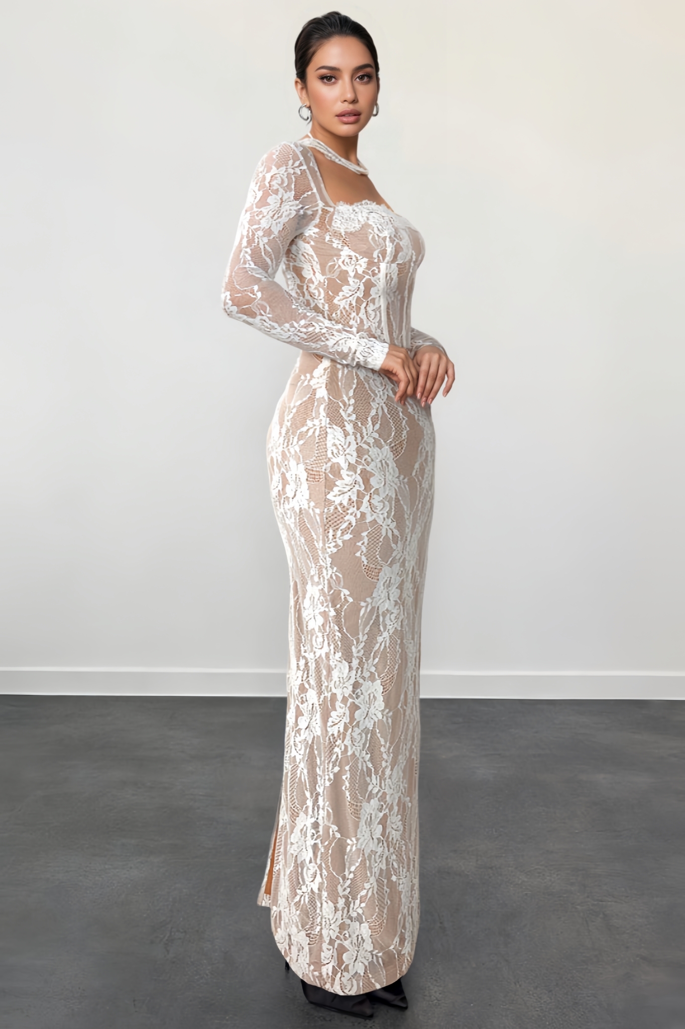 Dravip White Lace Slit Maxi Dress
