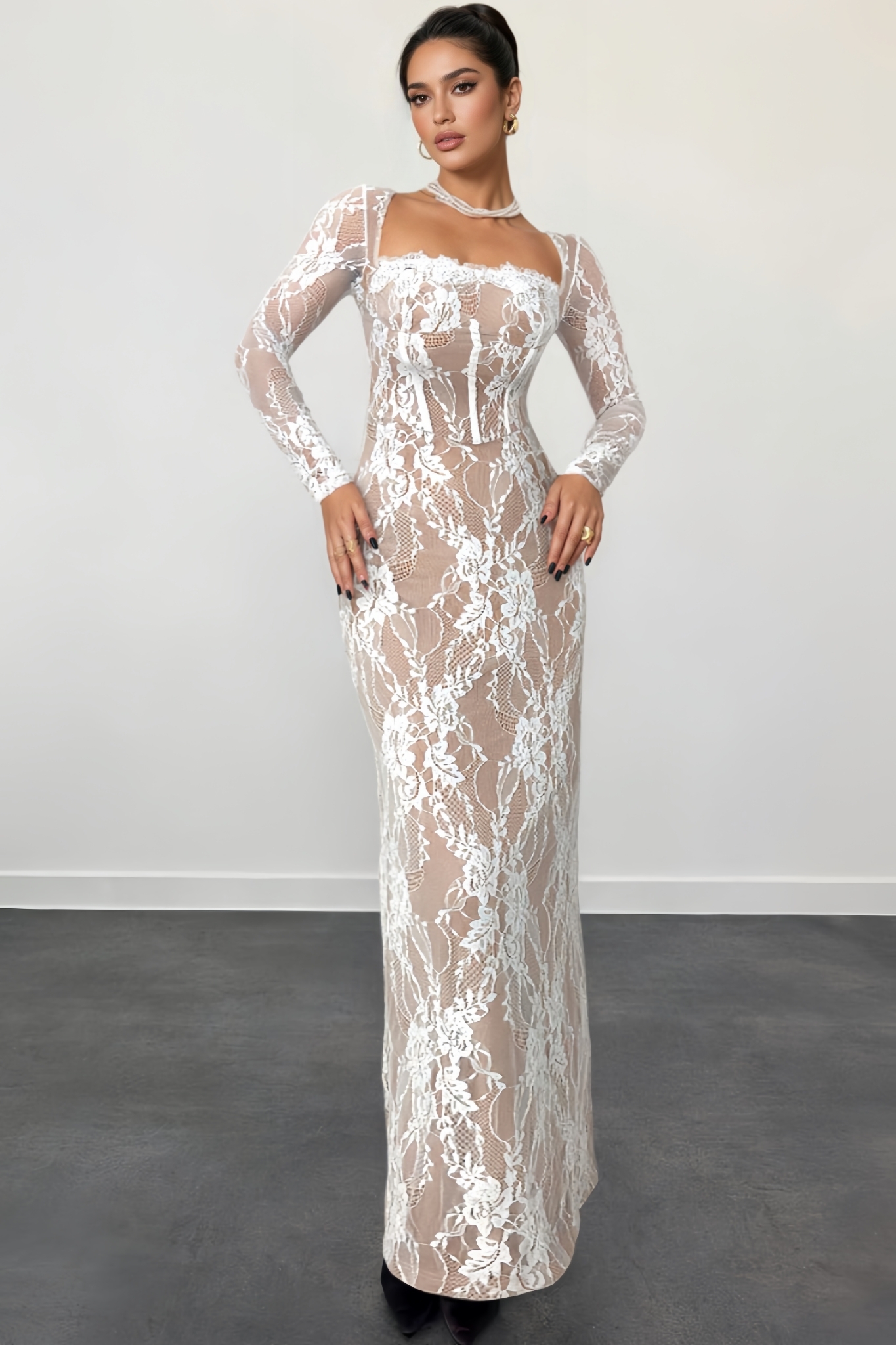 Dravip White Lace Slit Maxi Dress
