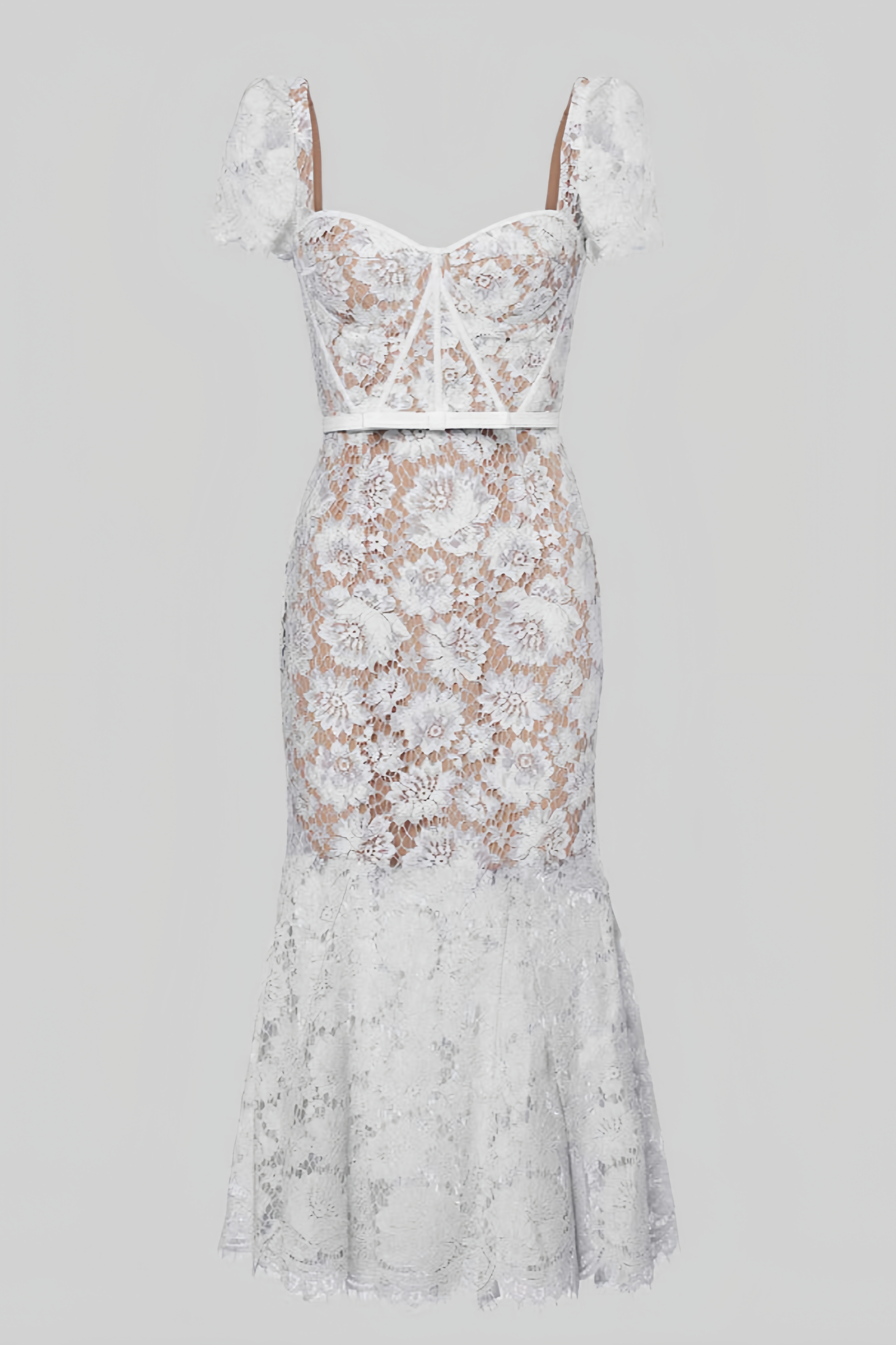 Ilrick White Sleeved Floral Lace Midi Dress 