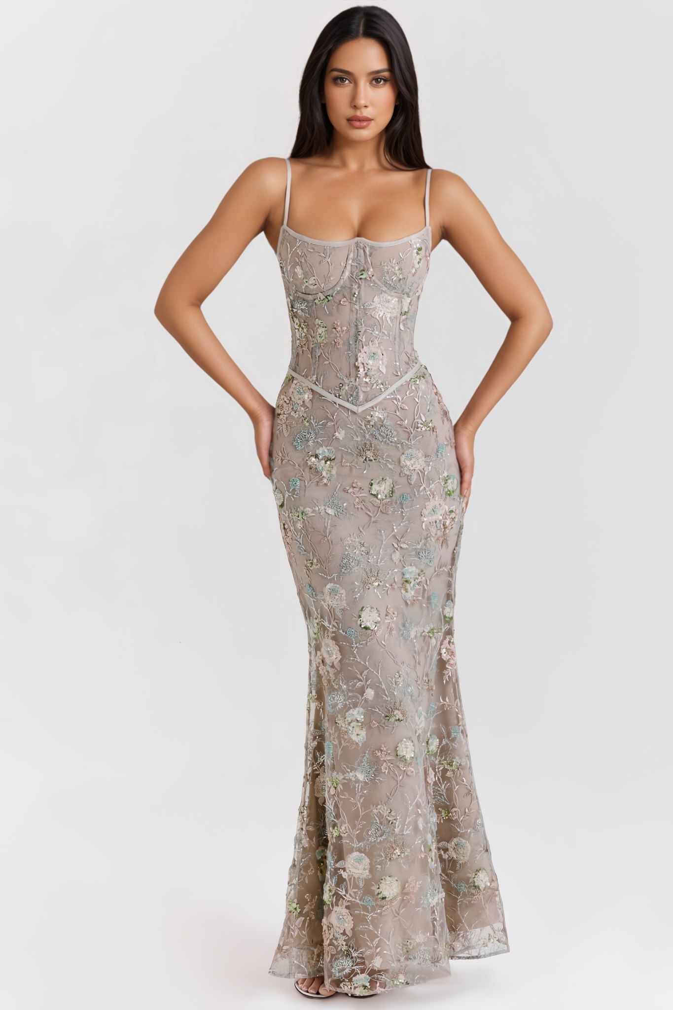 Ilveren Grey Sleeveless Backless Floral Maxi Dress