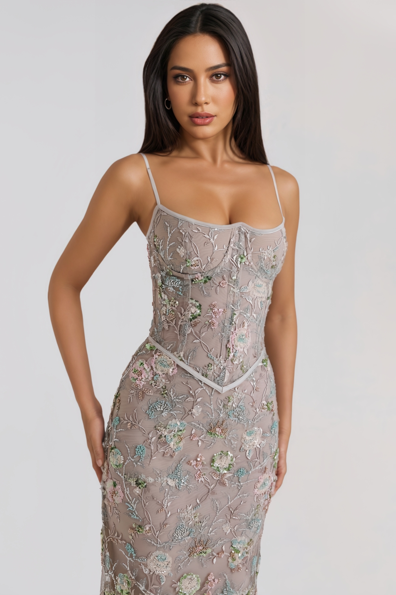 Ilveren Grey Sleeveless Backless Floral Maxi Dress