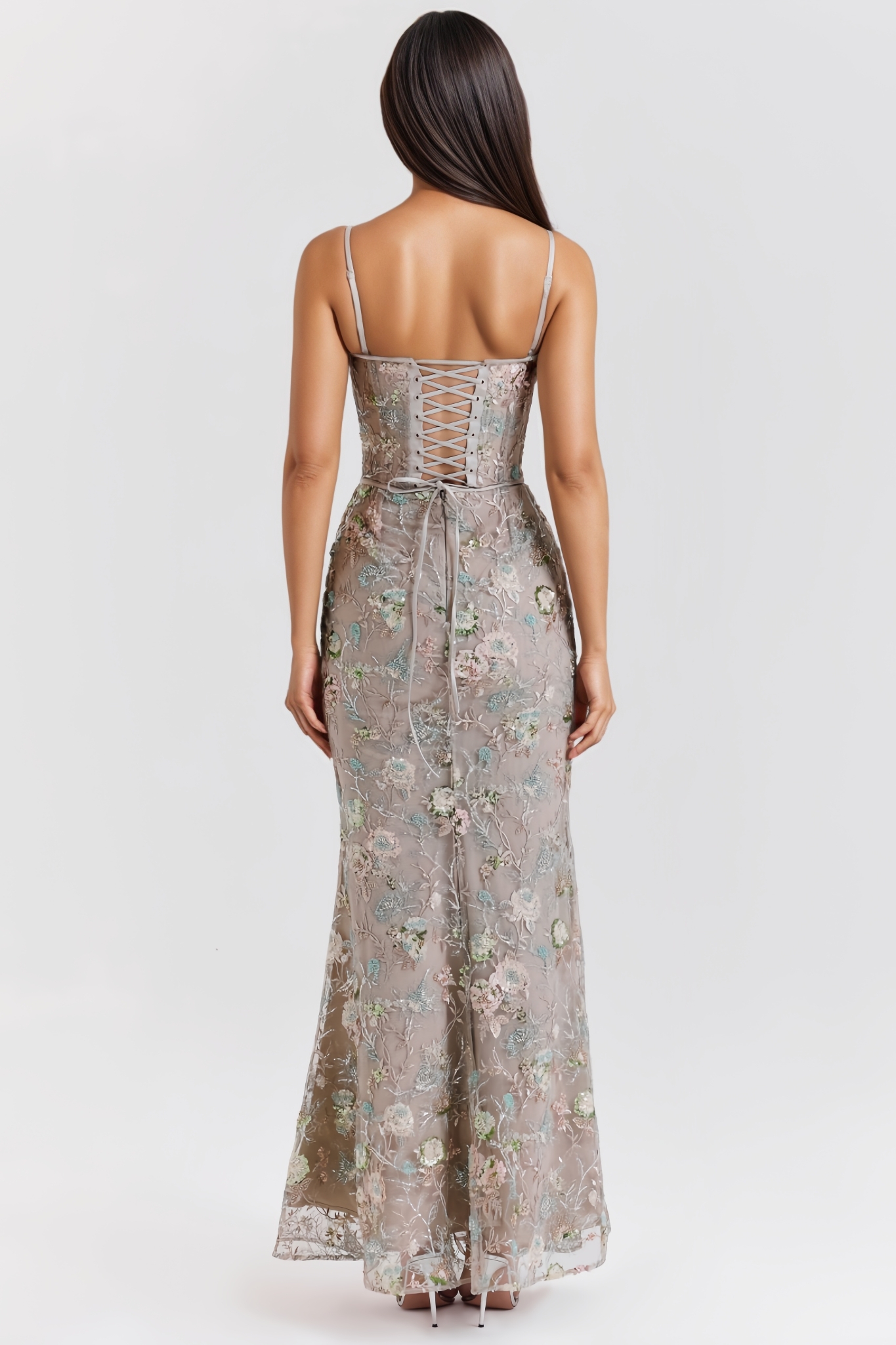 Ilveren Grey Sleeveless Backless Floral Maxi Dress