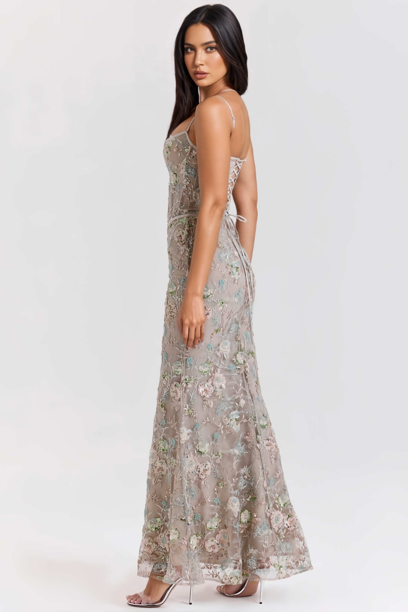 Ilveren Grey Sleeveless Backless Floral Maxi Dress