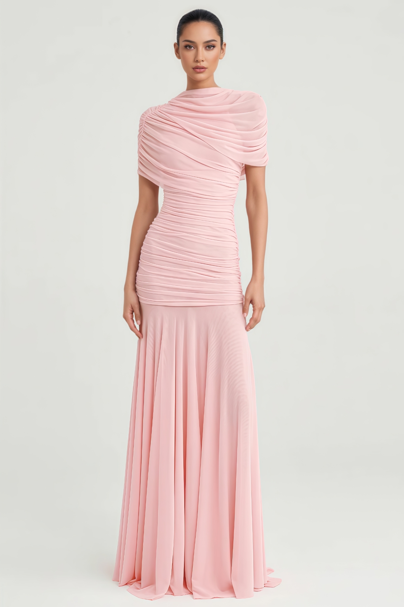 Tyrnse Pink One Shoulder Ruched Maxi Dress