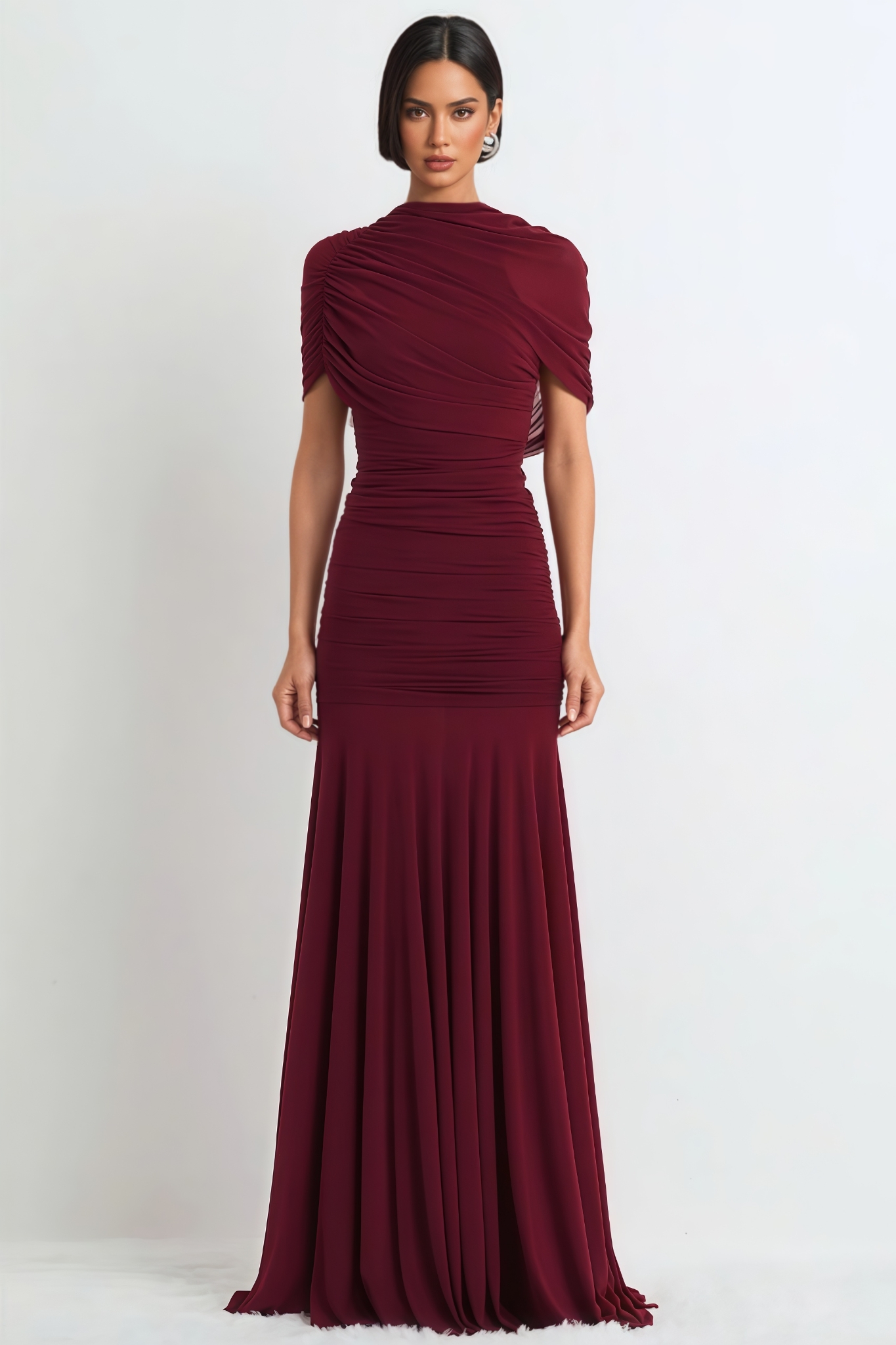 Vrden Red One Shoulder Ruched Maxi Dress