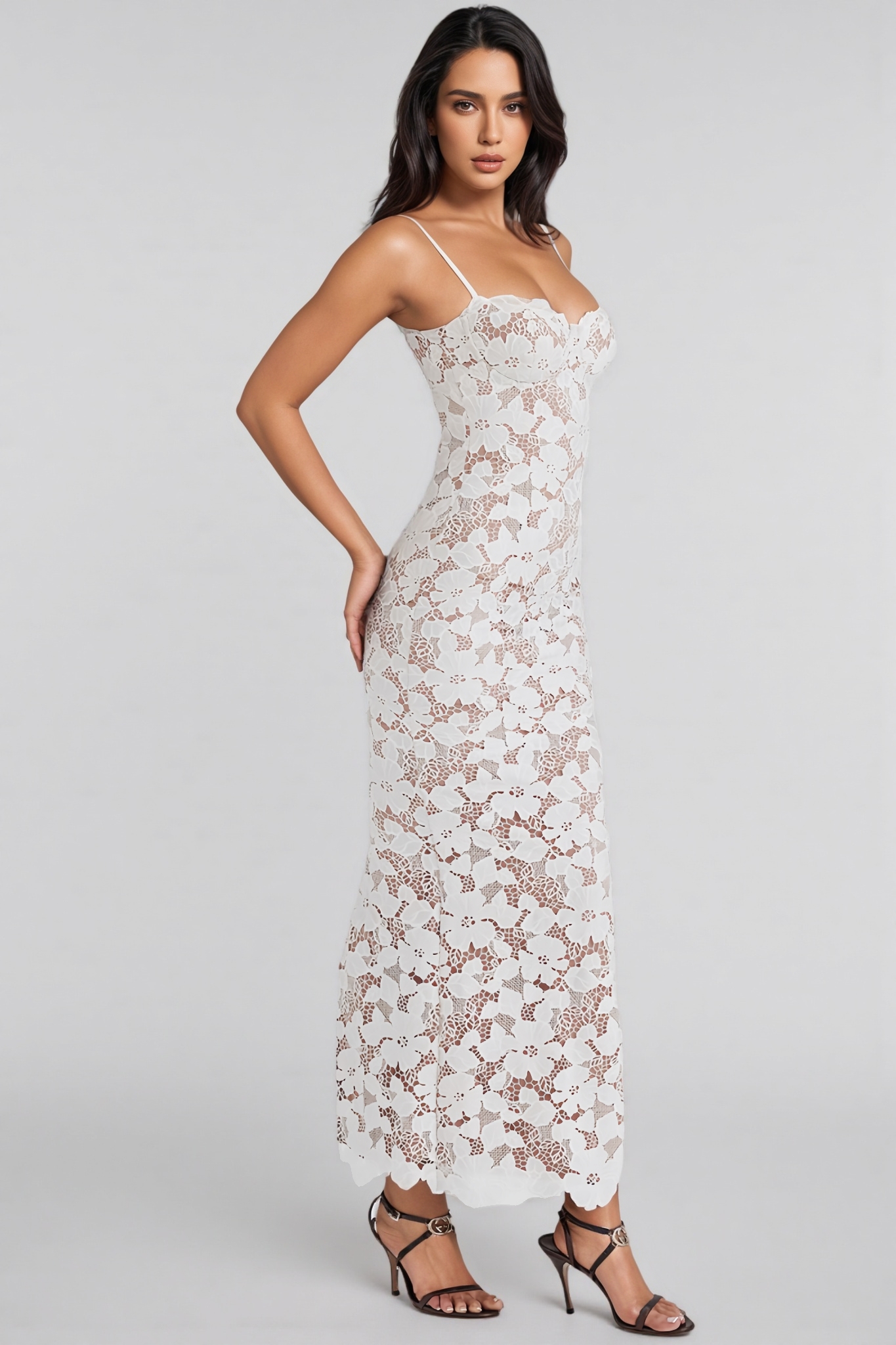 Odatte White Halter Embroidered Maxi Dress
