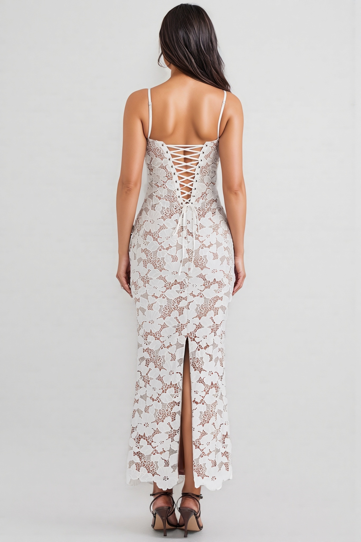 Odatte White Halter Embroidered Maxi Dress