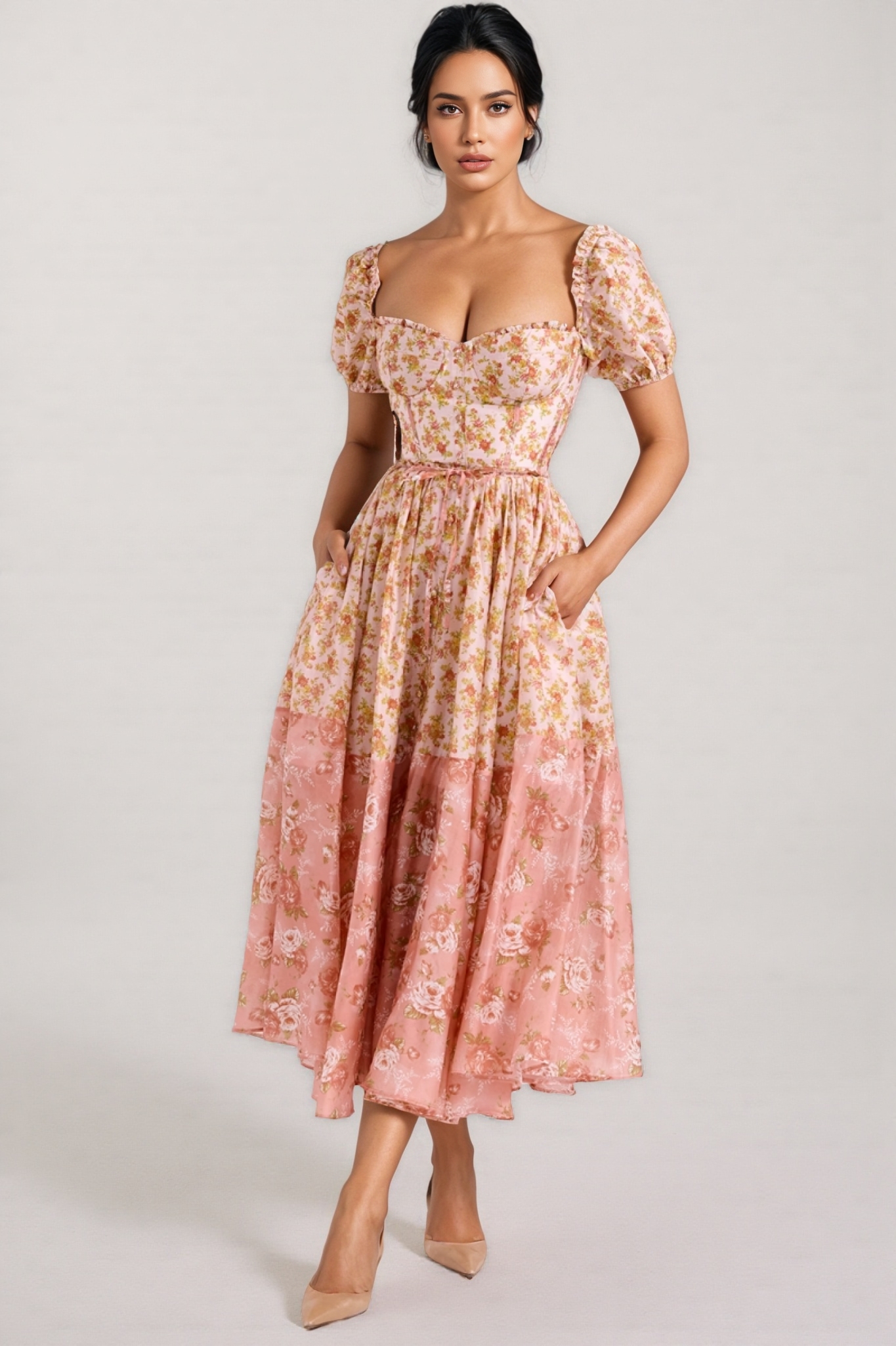 Alexane Bubble Sleeve Floral Midi Dress