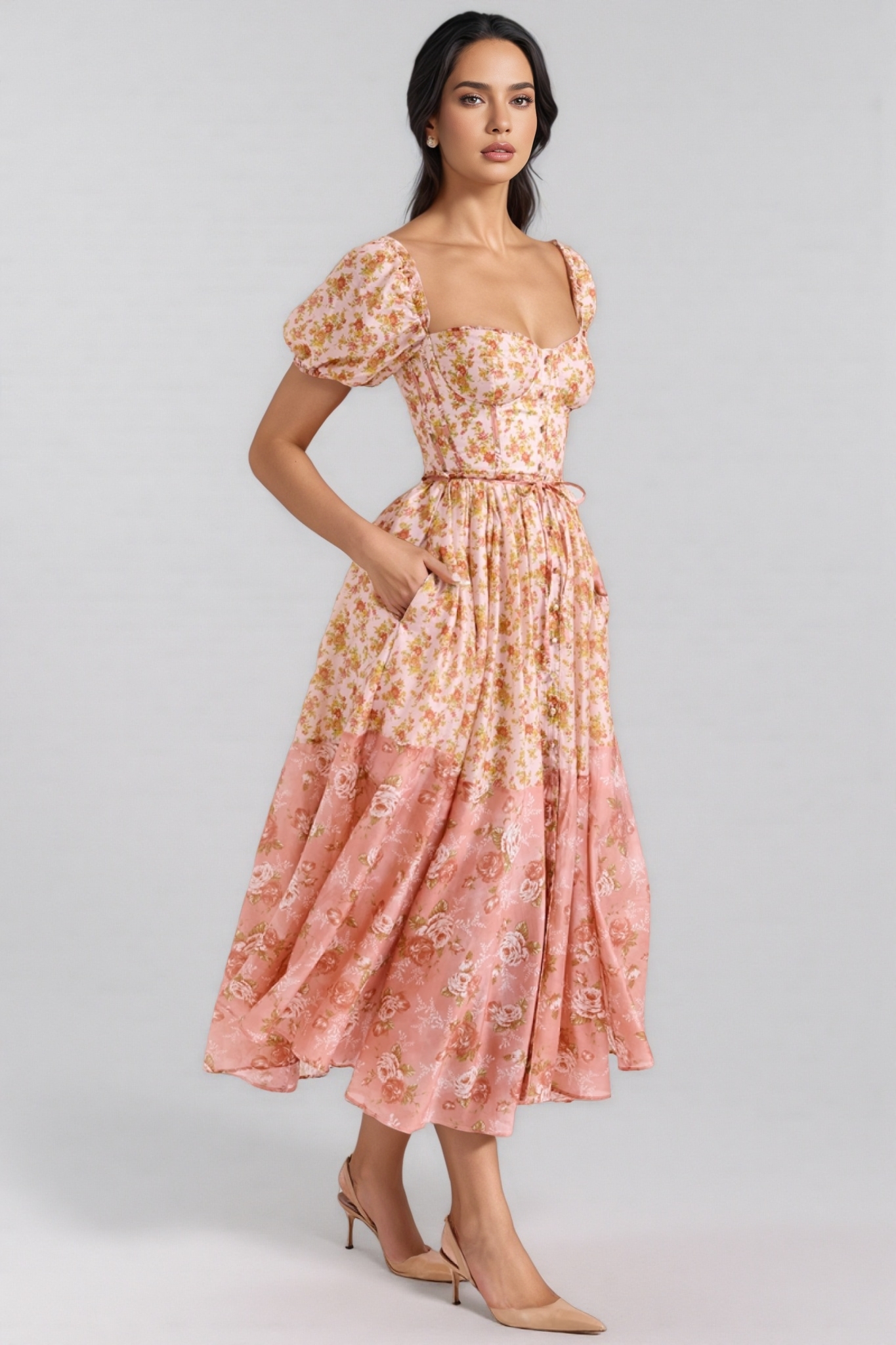 Alexane Bubble Sleeve Floral Midi Dress