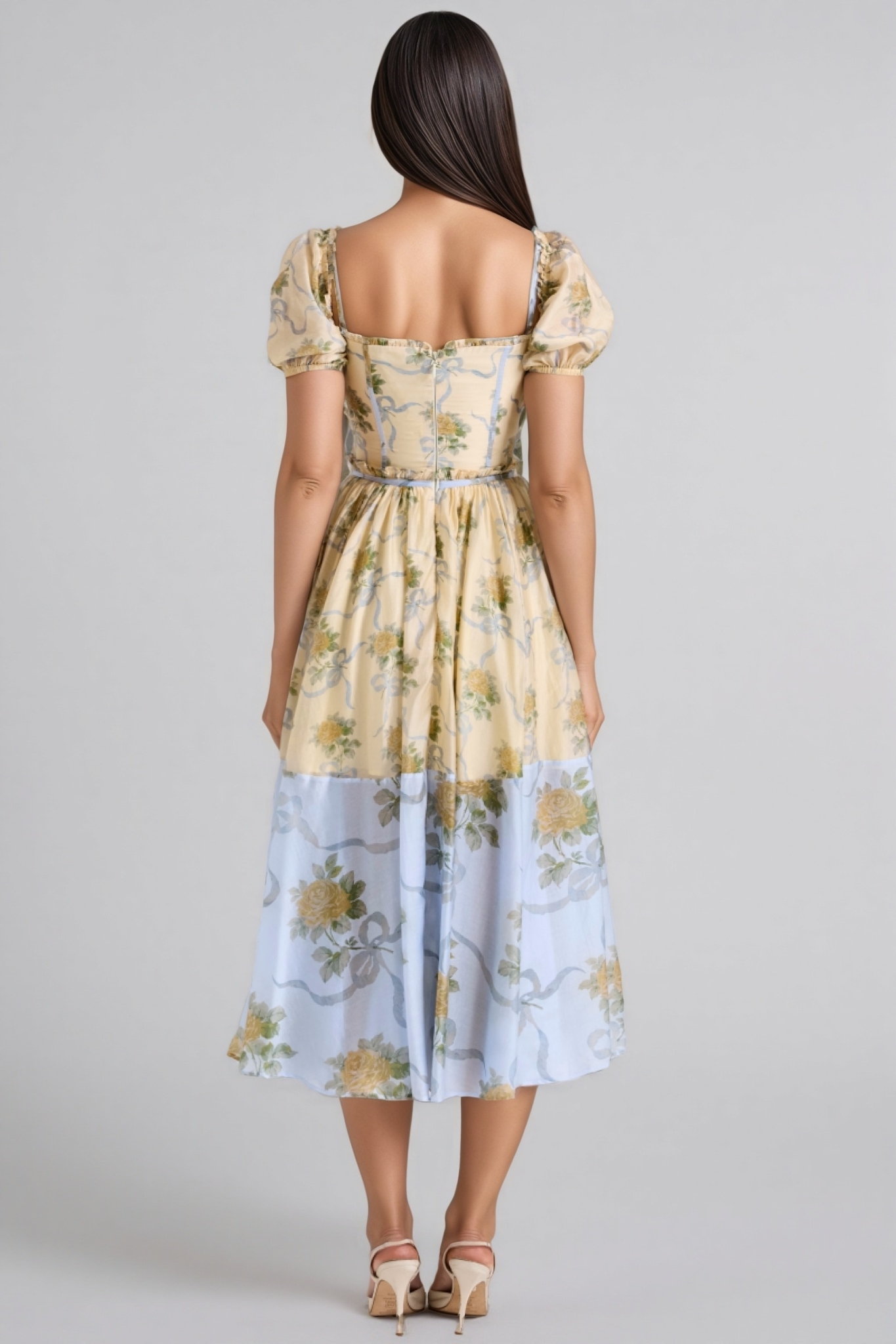 Elowen Yellow Vintage Rose Chiffon Midi Dress