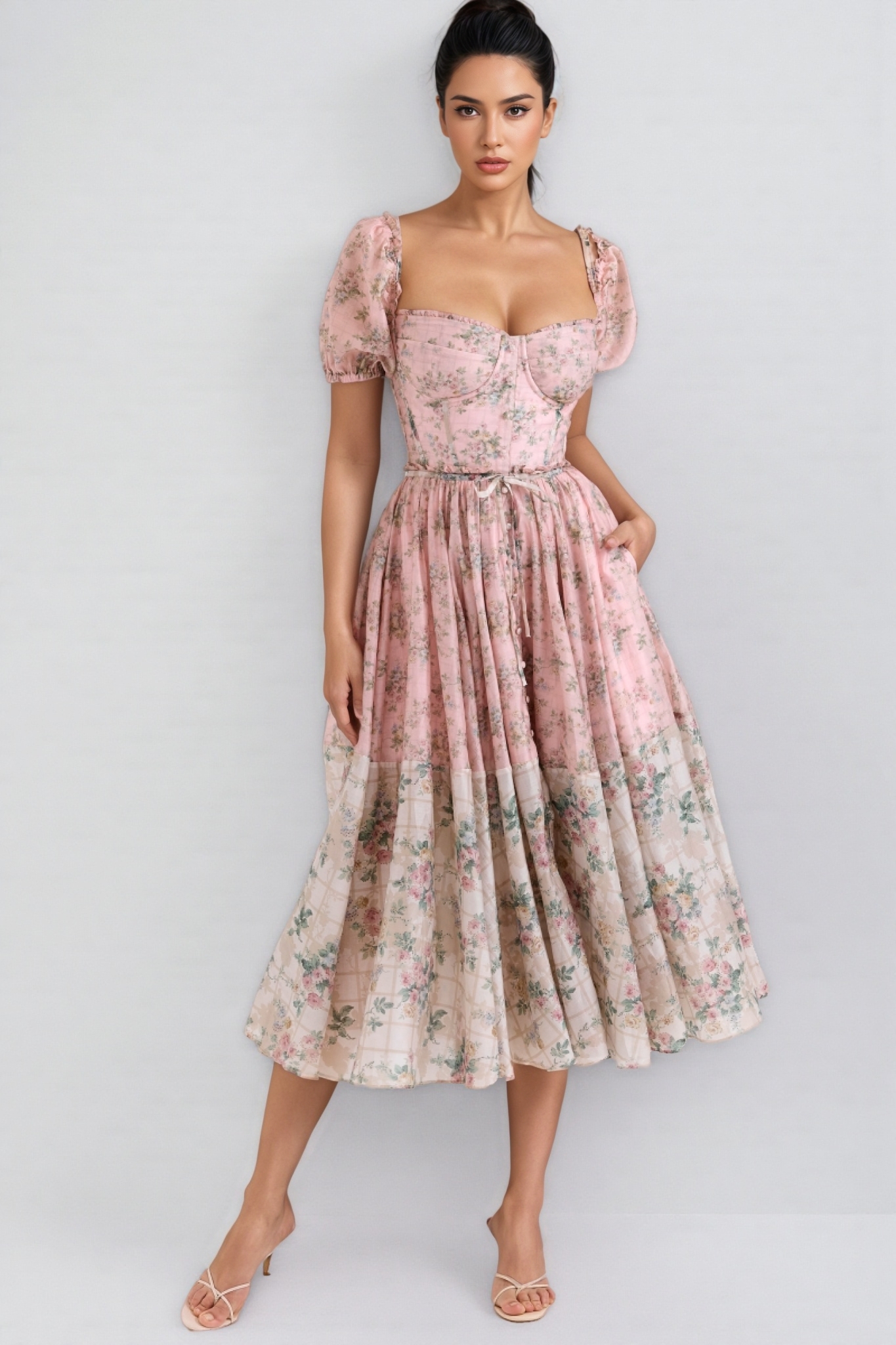 Nylta Pink Floral Chiffon Midi Dress
