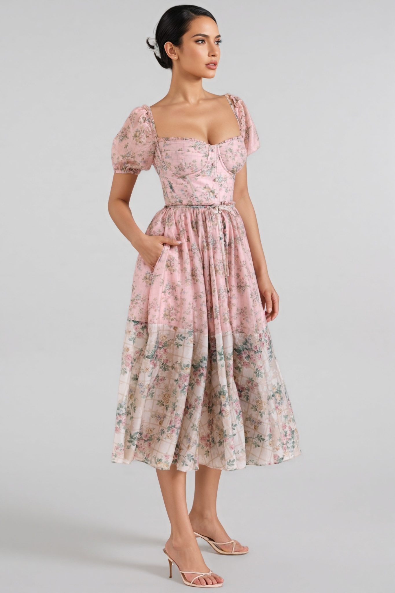 Nylta Pink Floral Chiffon Midi Dress