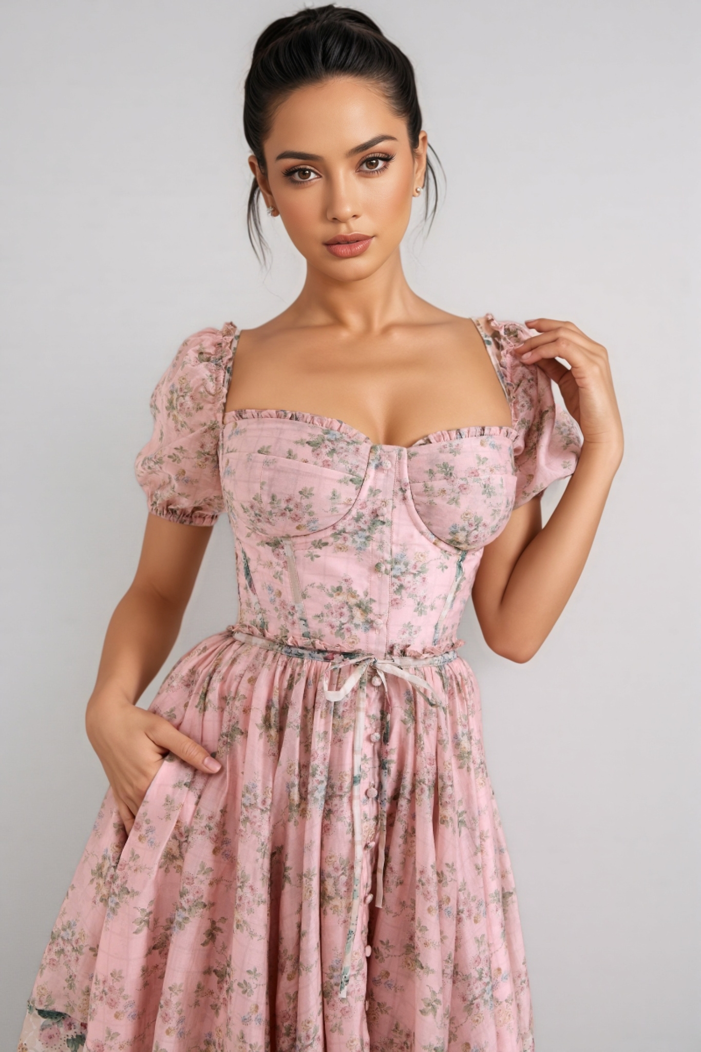 Nylta Pink Floral Chiffon Midi Dress