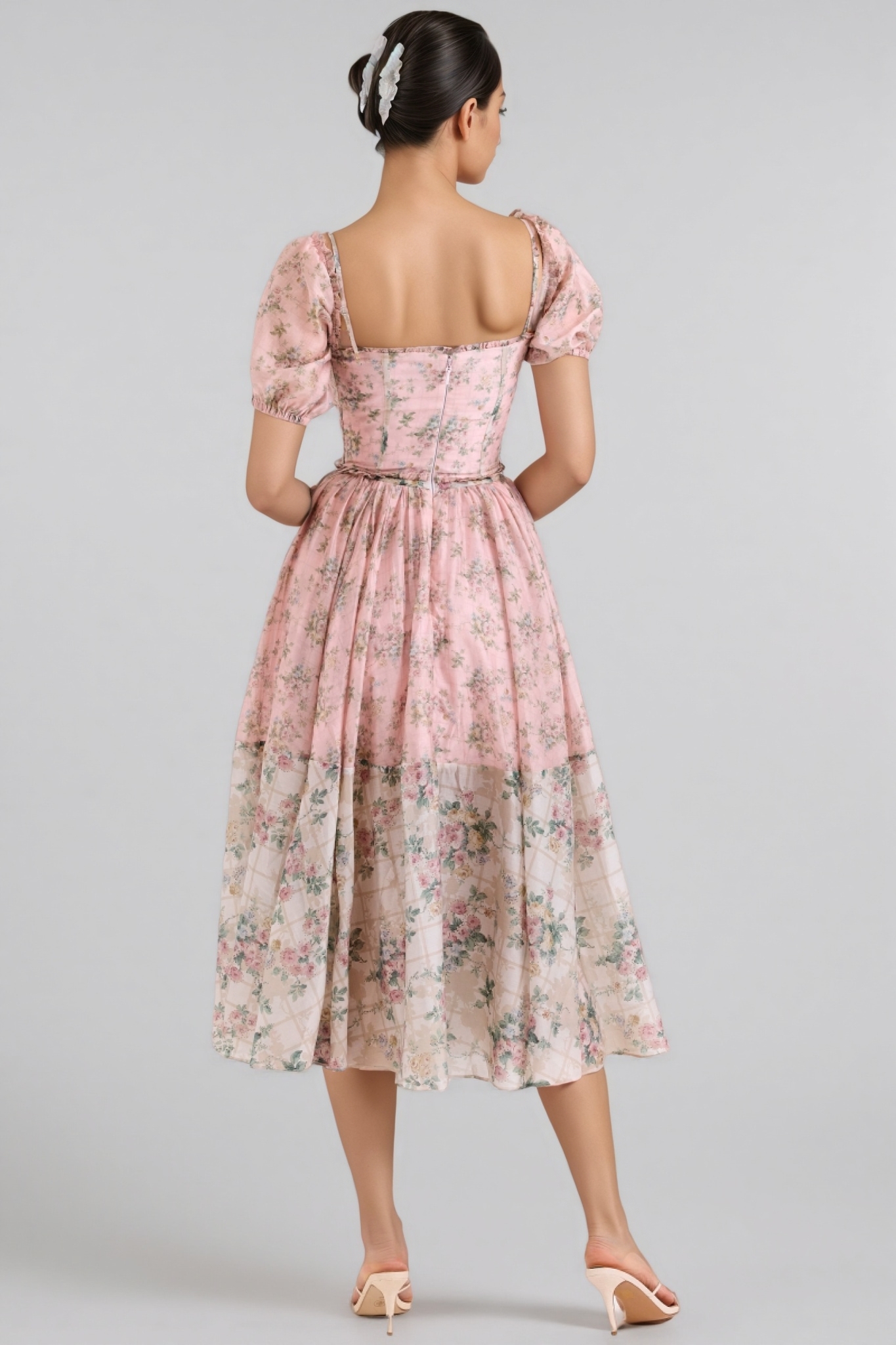 Nylta Pink Floral Chiffon Midi Dress
