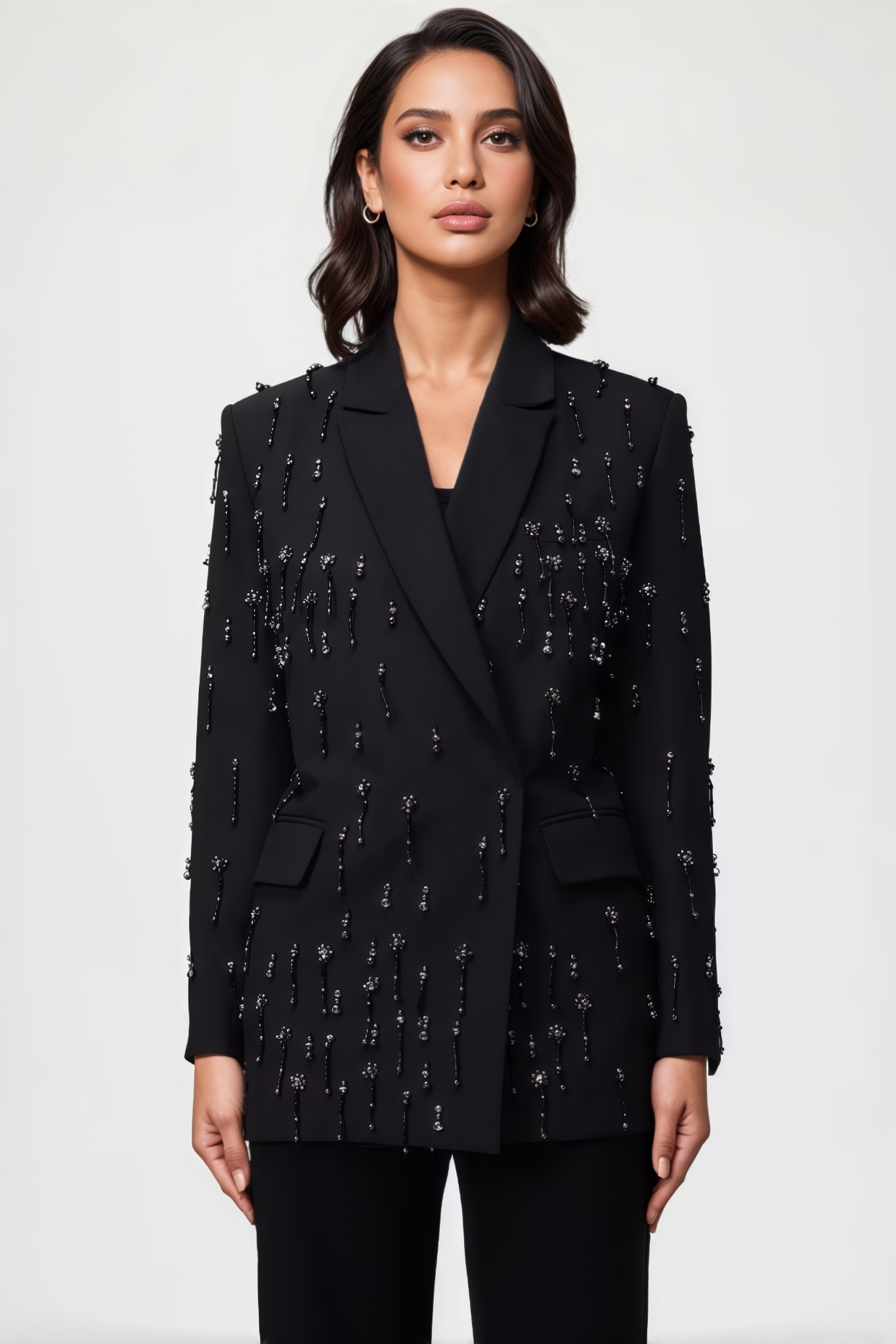 Grysa Black Beaded Rhinestone Blazer