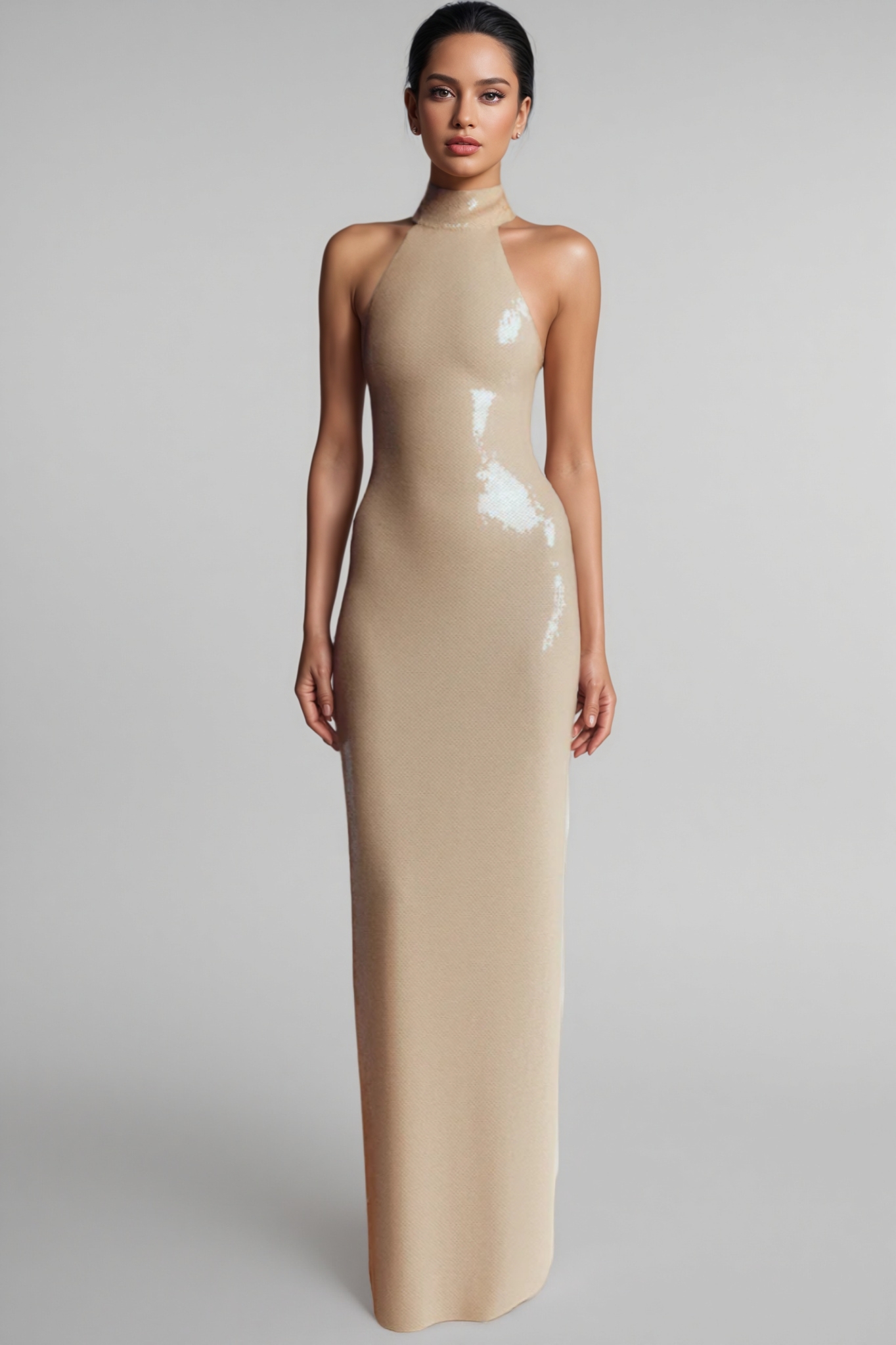 Danielle Beige Slit Sequined Maxi Dress