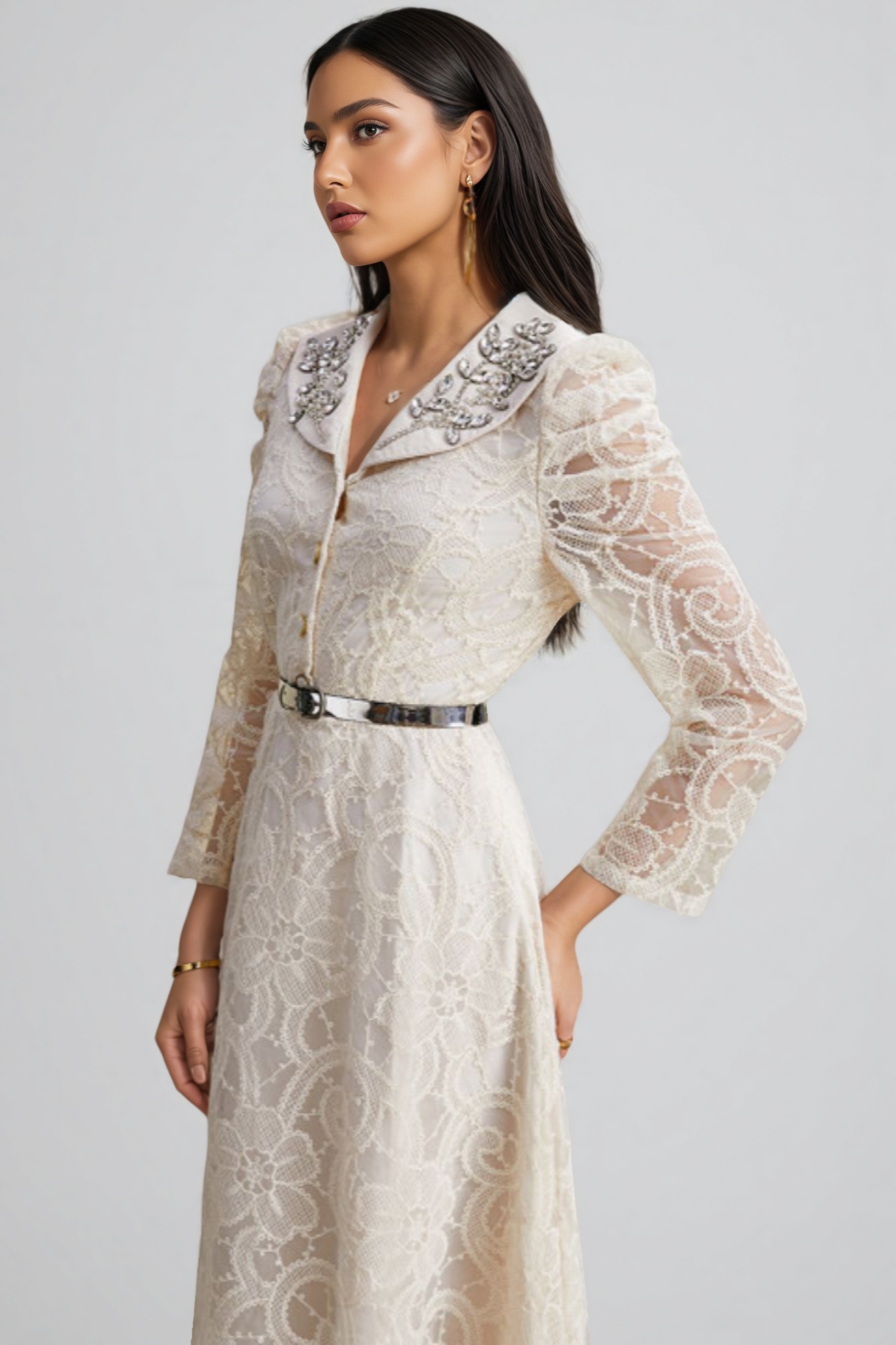 Sareza Long Sleeves Lace Diamond Maxi Dress