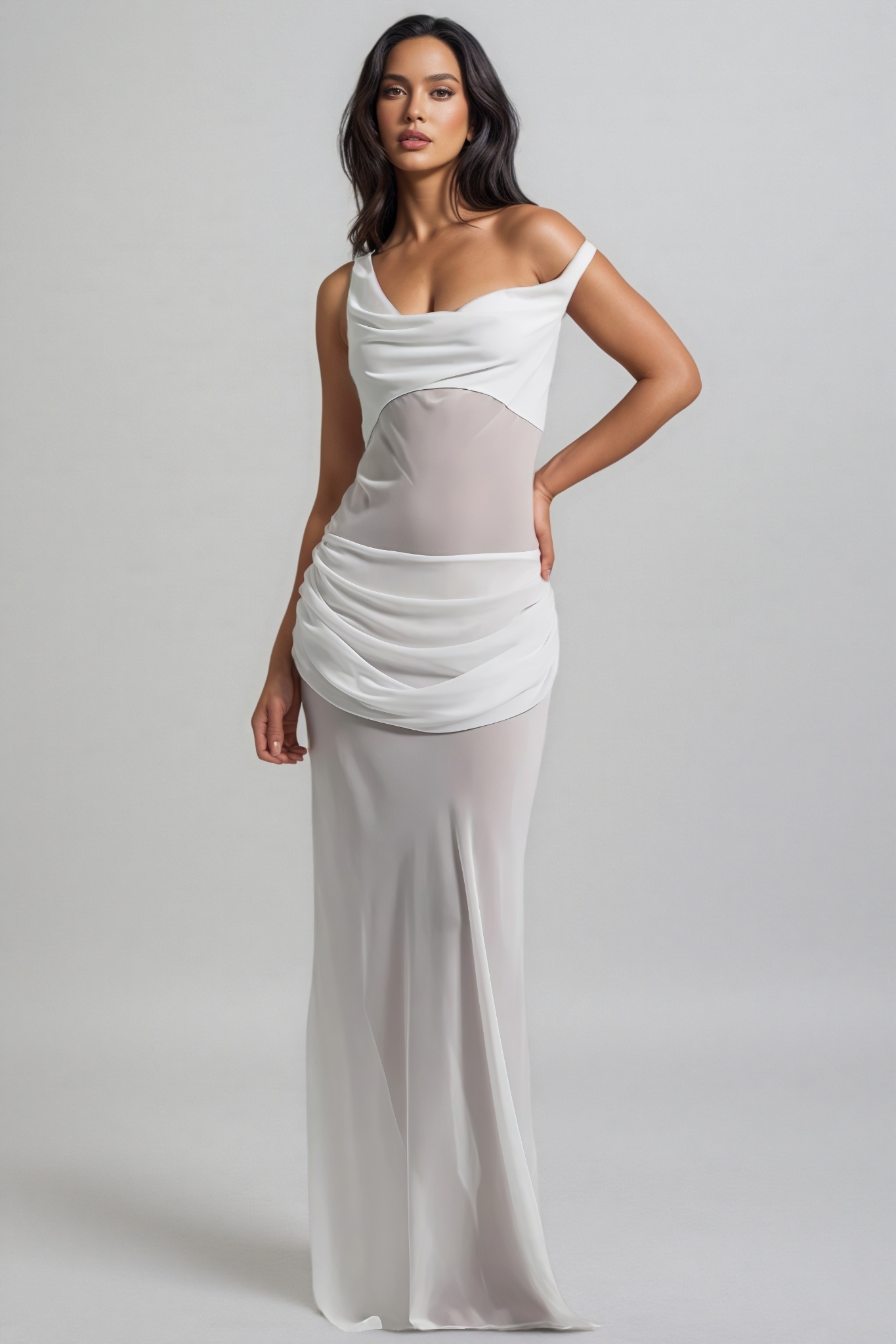 Inez White Off Shoulder Waist Cinched Maxi Dress