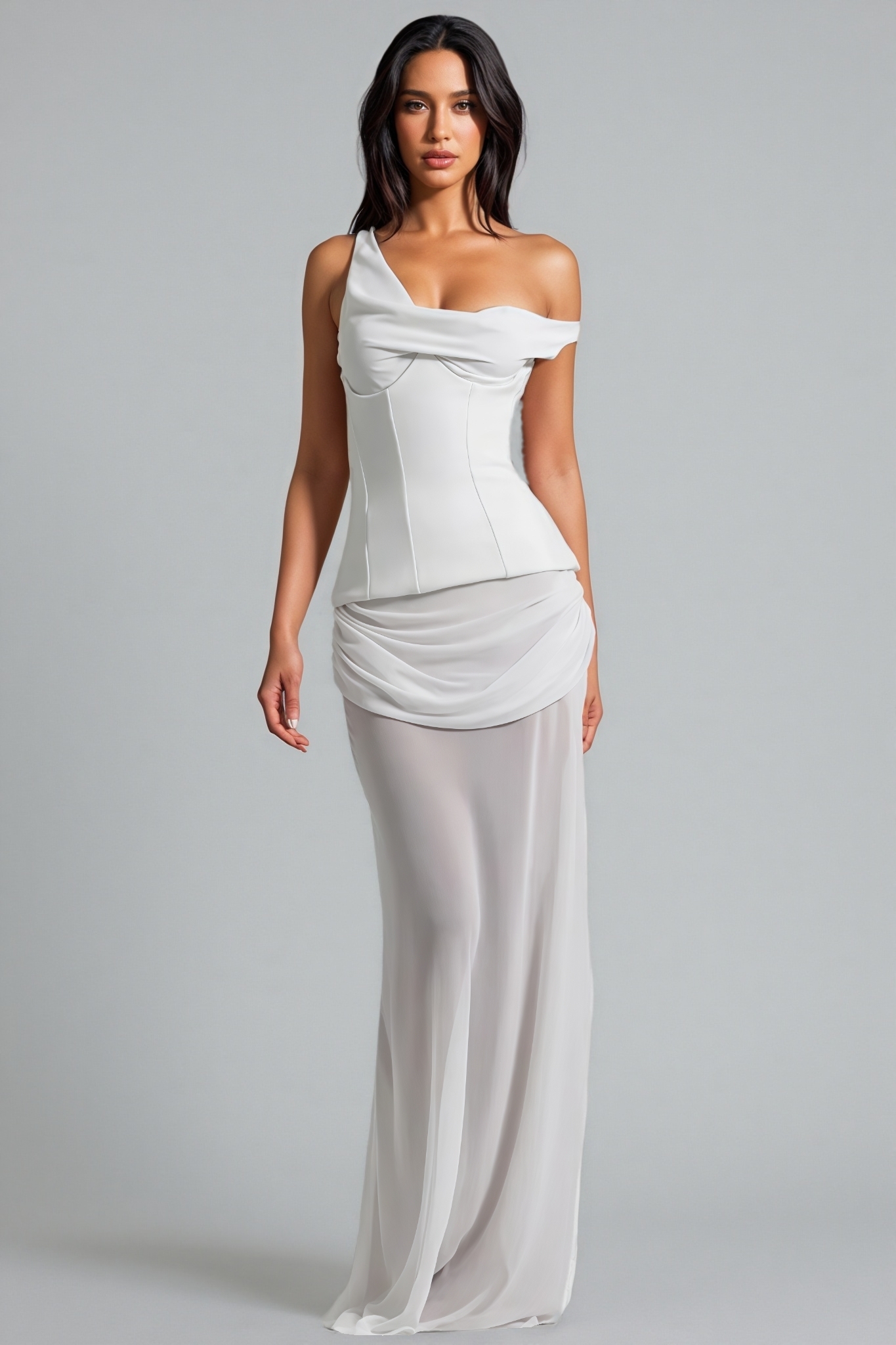 Inez White Off Shoulder Waist Cinched Maxi Dress