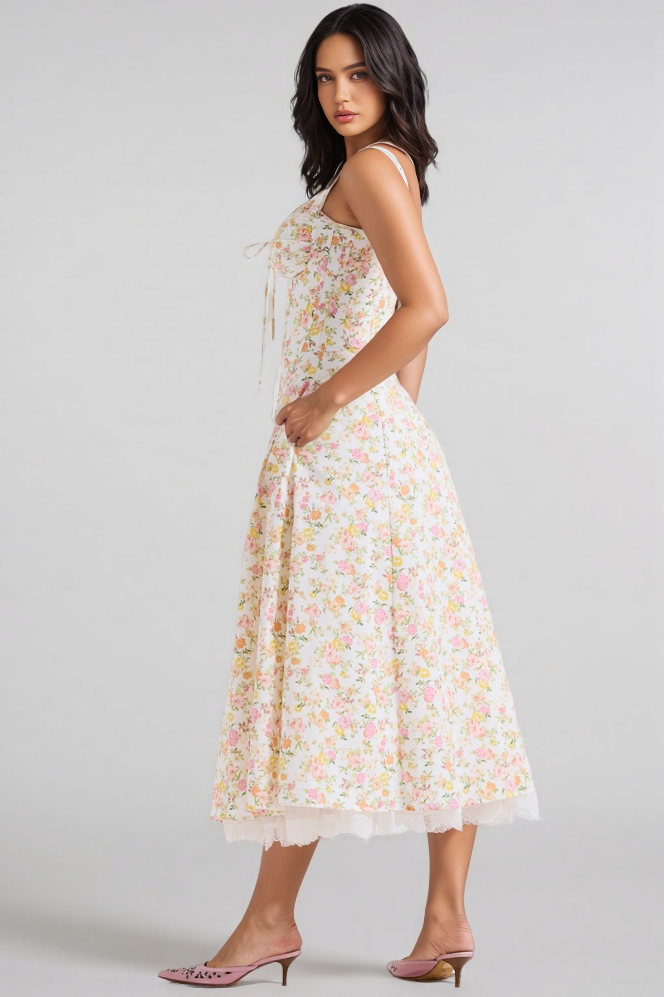 Larkt Meadow Floral Print Cotton Bustier Midi Dress