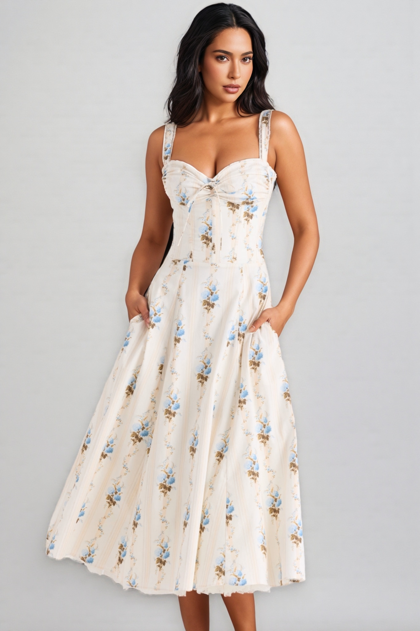 Ariaf Floral Print Cotton Corset Midi Dress