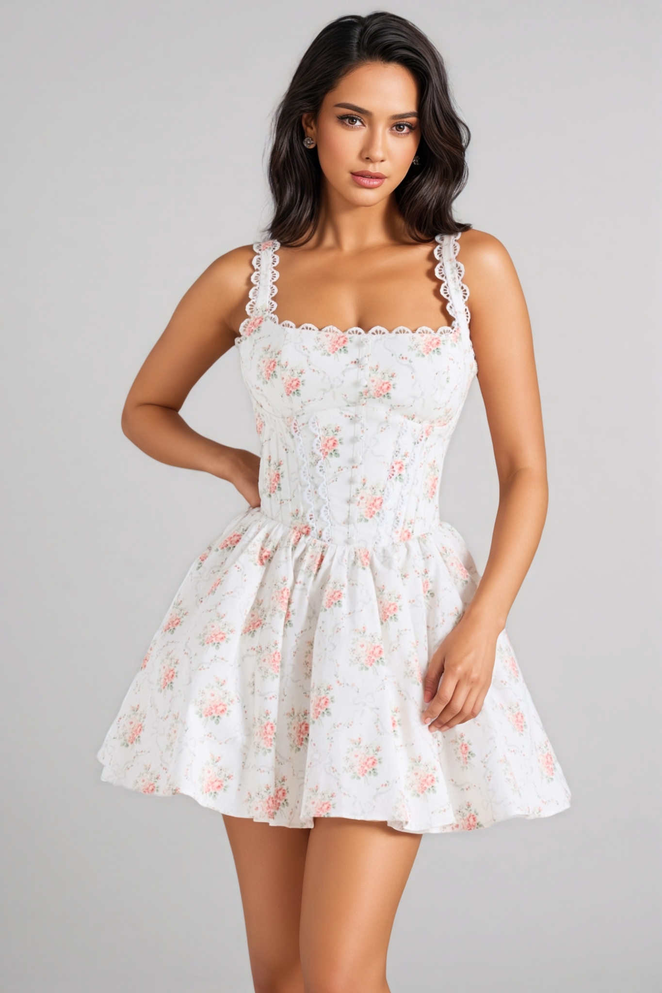 Zorat Rose Print Stretch Cotton Mini Dress