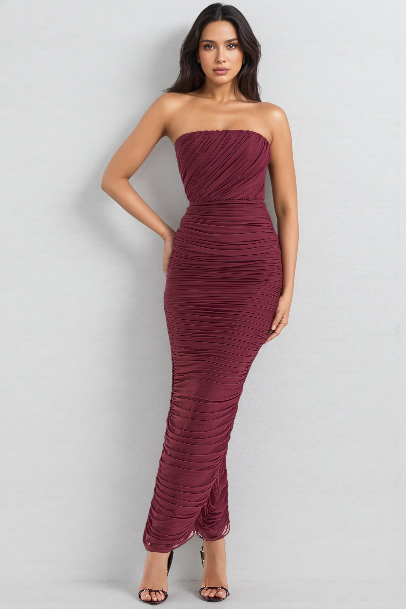 Lira Wine Gathered Maxi Dress
