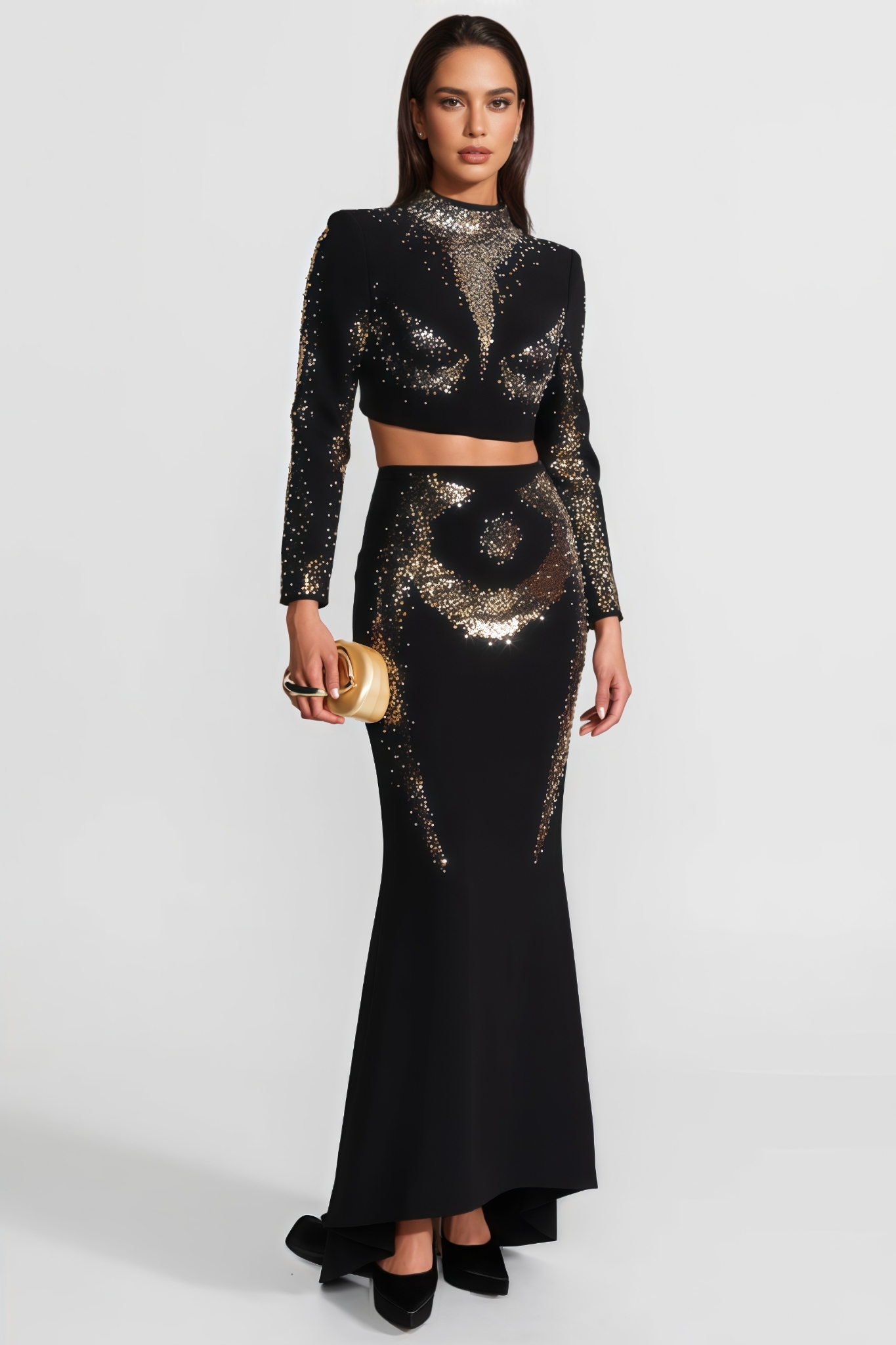 Beryrn Black Embellished Sequin Maxi Dress Set