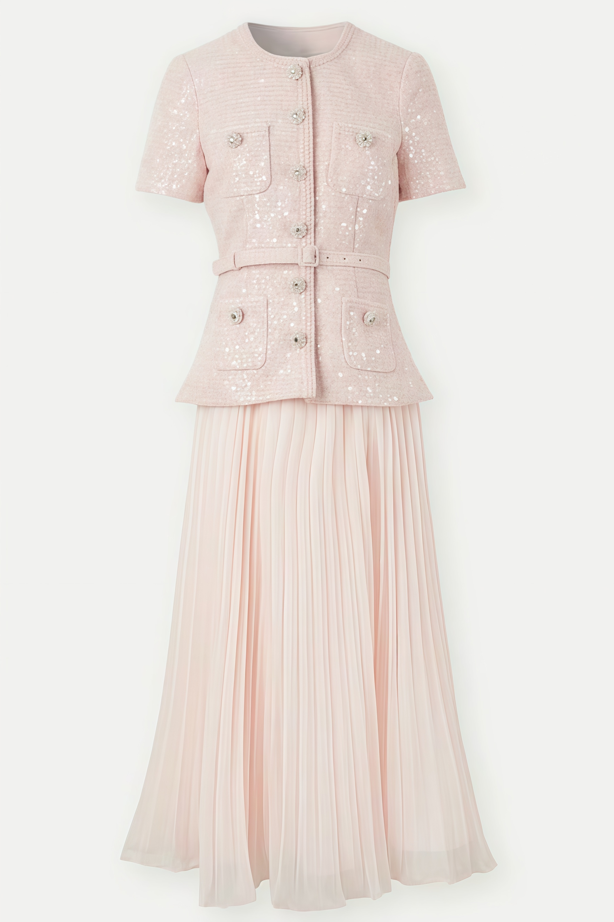 Andrea Pink Boucle Belted Midi Dress Set