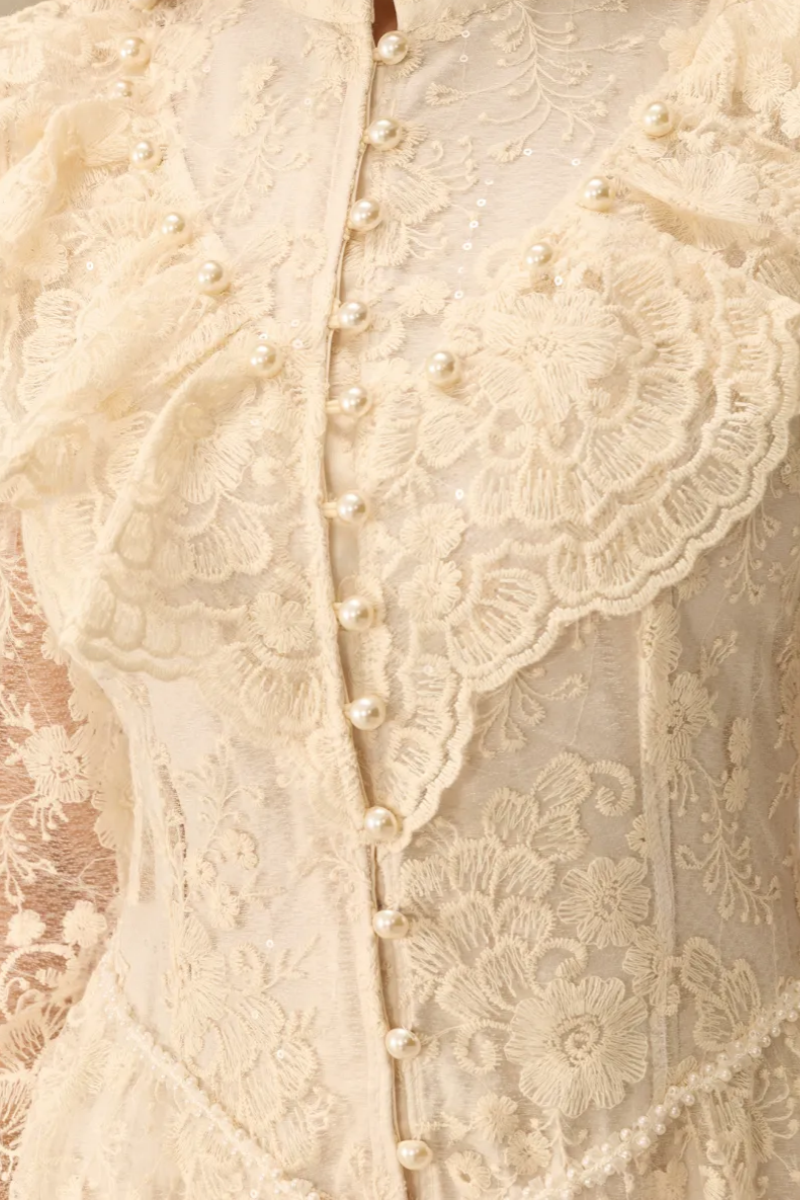 Bayden Beige Long Sleeve Lace Maxi Dress