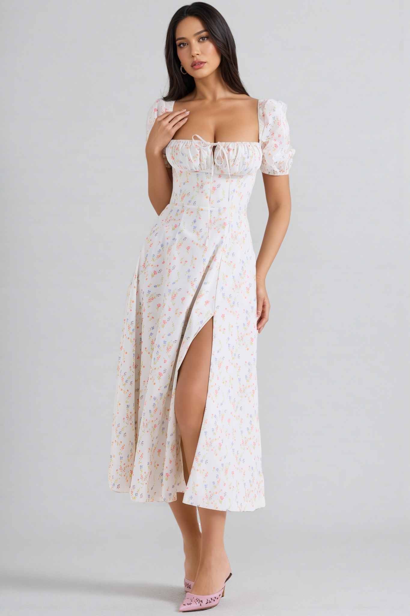 Arwen Print Cotton Puff Sleeve Midi Dress