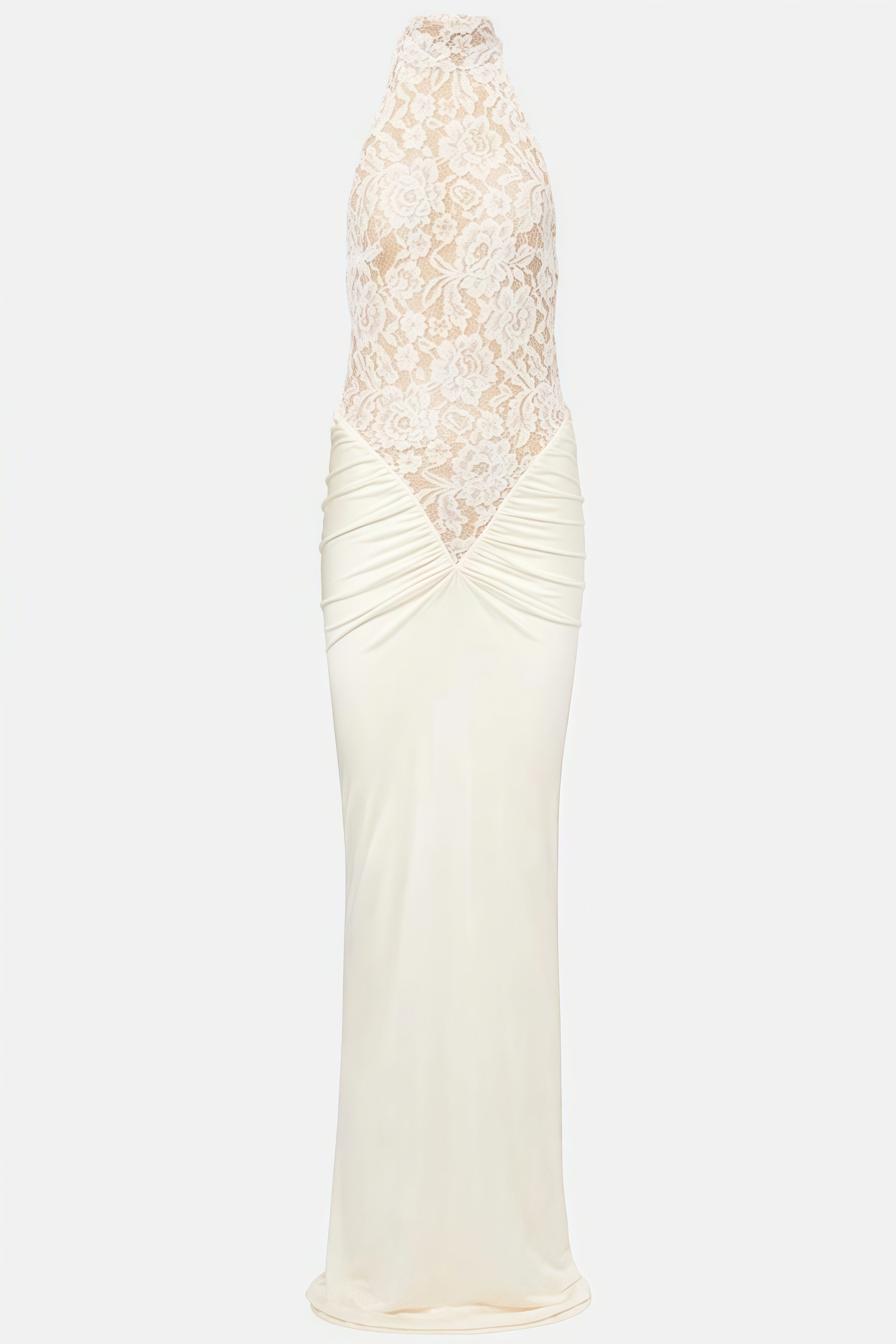 Lurvie White Embroidered Ruched Halterneck Maxi Dress