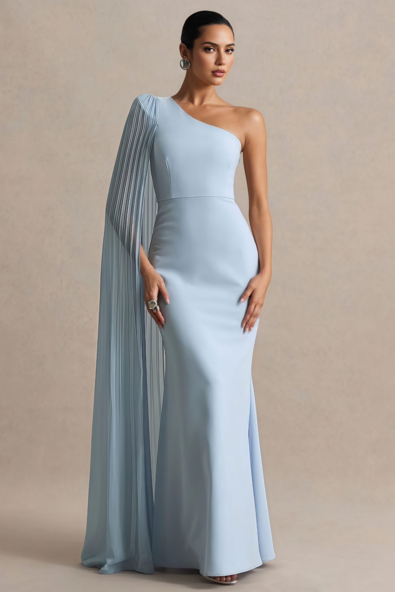 Bronek Blue Cape Sleeve Asymmetric Neck Maxi Dress